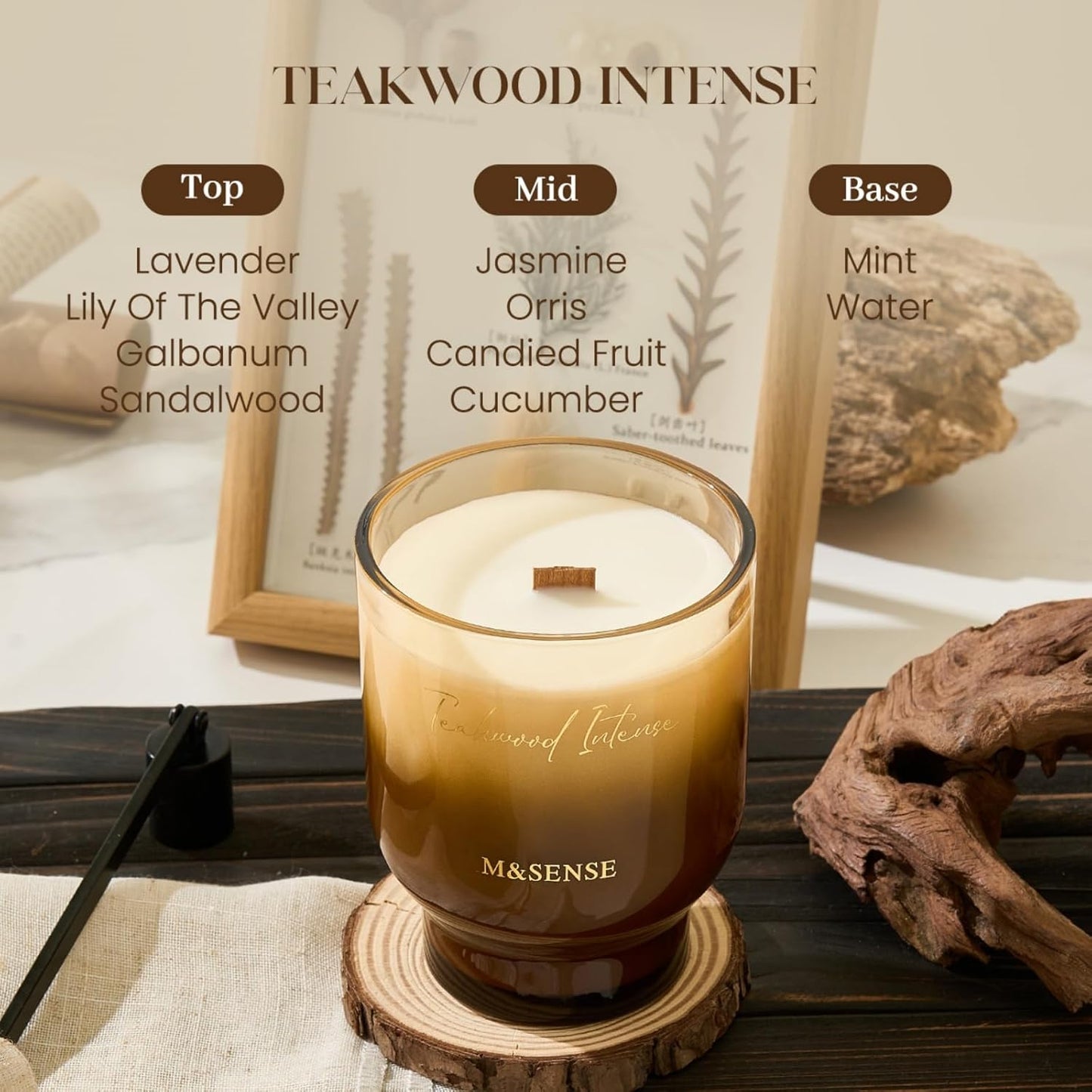 M&SENSE 16.6oz Natural Soy Large Jar Candle with Wooden Wick | Teakwood Intense Scent | 95-Hour Burn & Long-Lasting Burn | Housewarming Gift for Men and Women