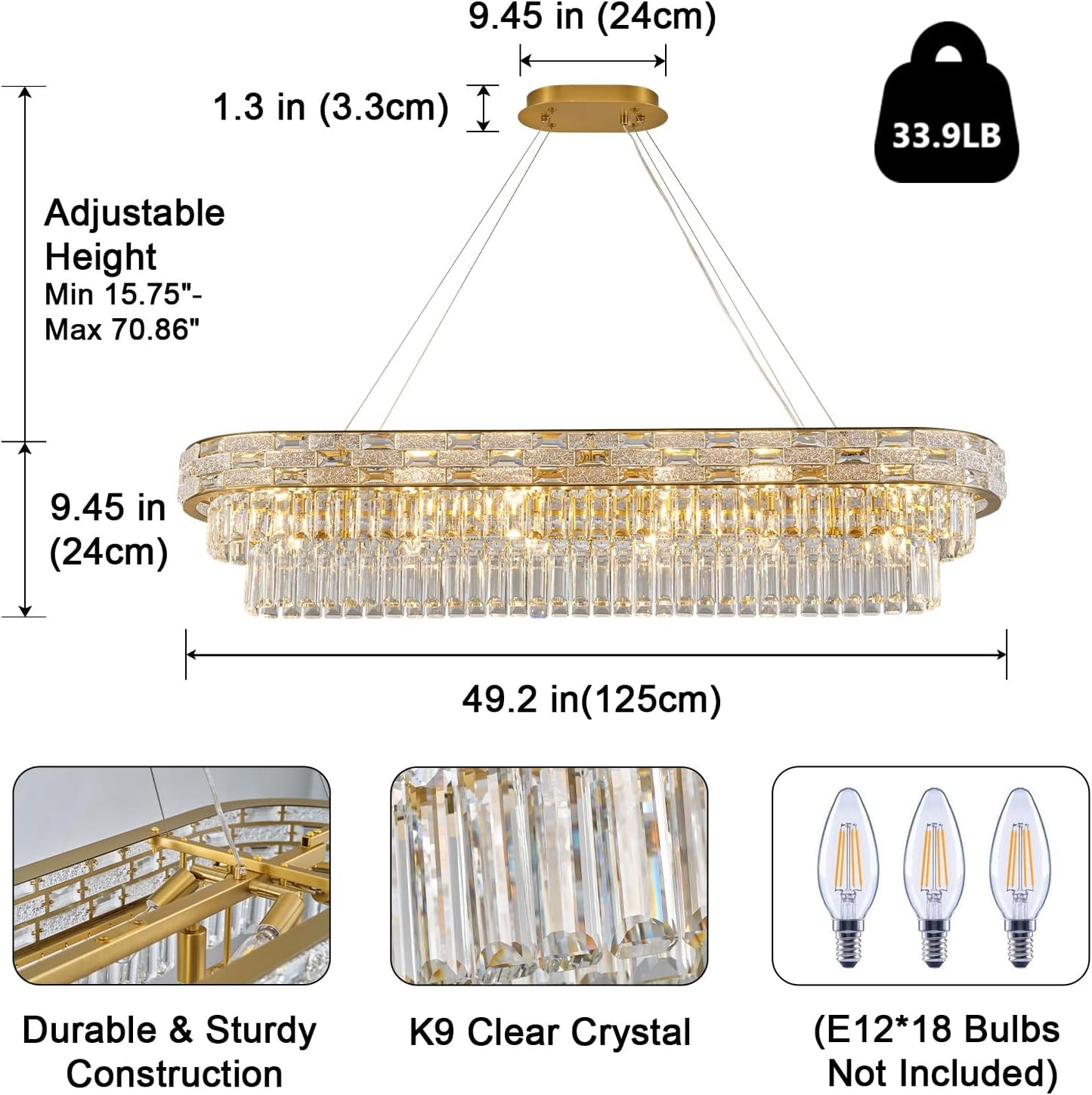 Crystal Chandeliers, 49.2" 18-Light Gold Chandelier for Dining Room, Rectangular Chandelier for Kitchen, Living Room Chandeliers, Island Lights Hanging Lights Dimmable