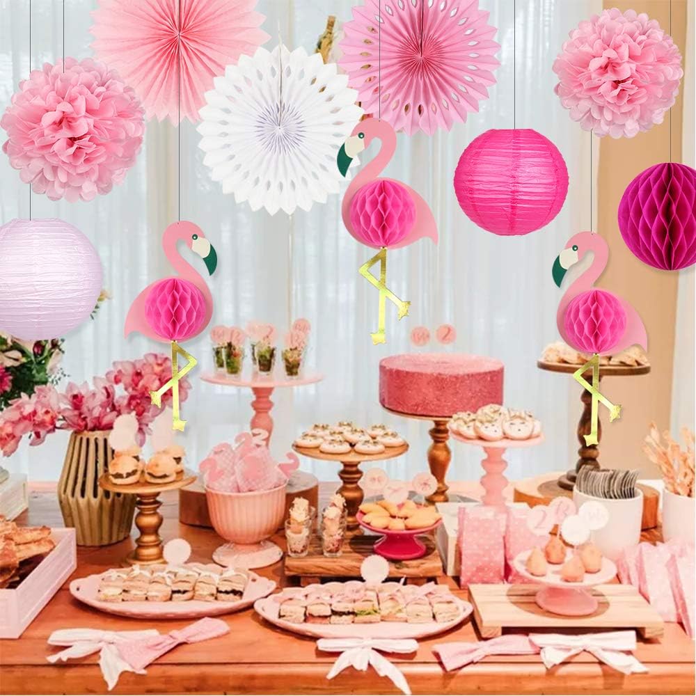 zilue Tropical Party Decorations Pink Flamingo Party Supplies Pom Poms Flowers Tissue Paper Fan Paper Lanterns for Hawaiian Summer Beach Luau Party