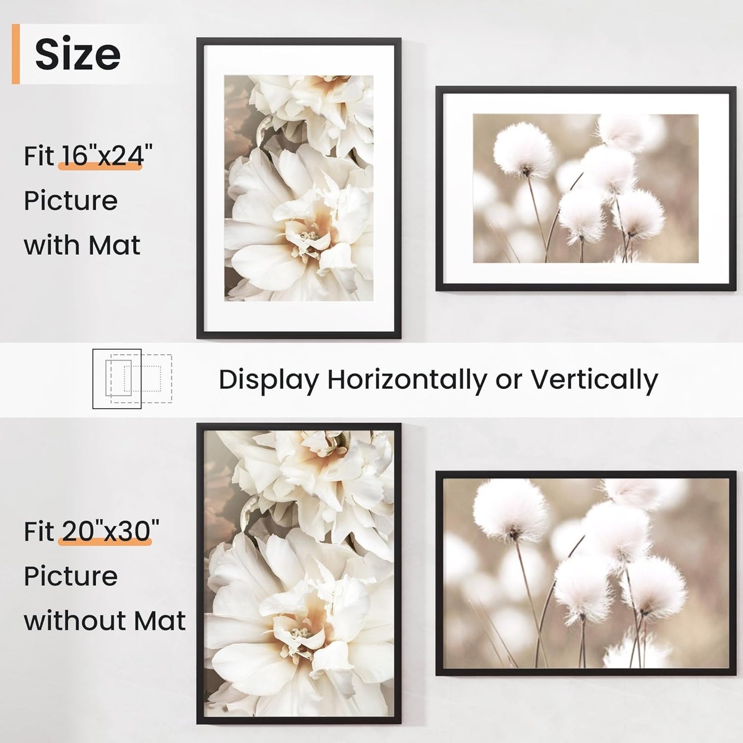 20x30 inch Picture Frame, 20x30 Photo Frames with 16x24 Removable Mat - High Definition Plexiglass - Vertical and Horizontal Display - Wall Hanging Poster Frame - Black, 3 Pack