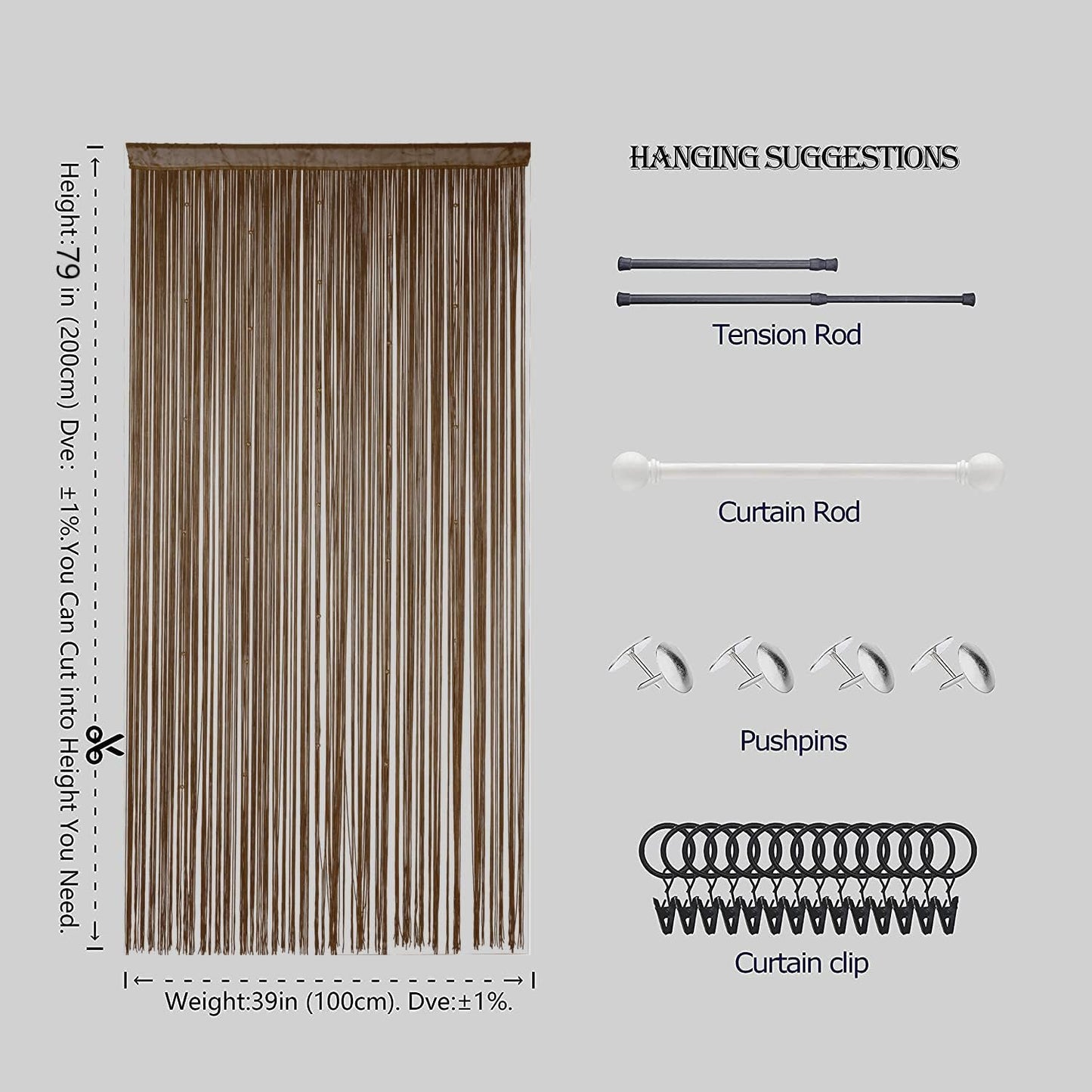 Beaded Curtain Beads Door String Curtains Ideal for Living Room Decor Wall Hanging Fringe Doorway Divider Bedroom Backdrop Hippie Window Closet Privacy Rod Pocket Dense (100x200cm,Coffee)