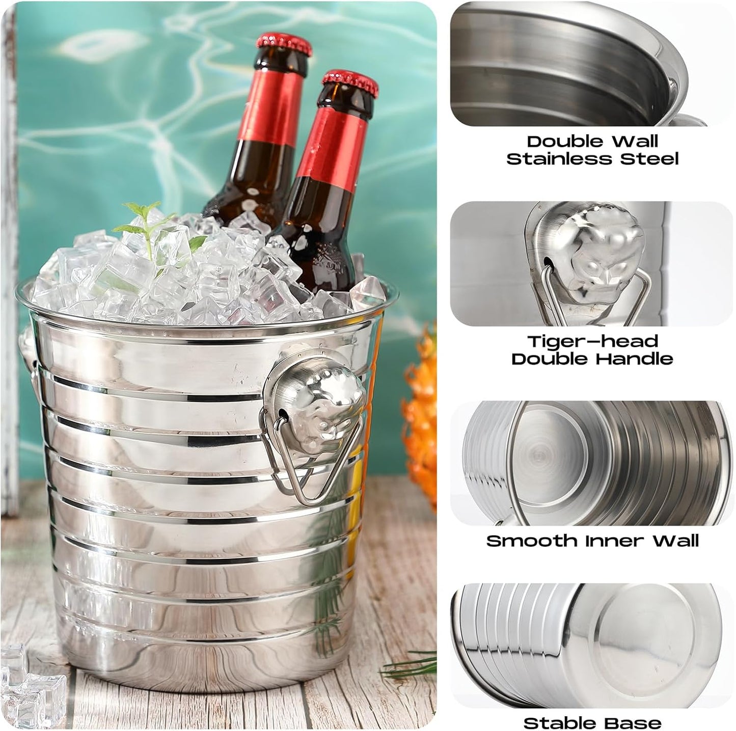 Pinkunn 6 Pack Stainless Steel Champagne Bucket 3 Qt Metal Ice Bucket Double Wall Wine Bucket with Handles Party Beverage Chiller for Champagne Beer Cocktail Wine Drinks Home Bar Accessories (Silver)