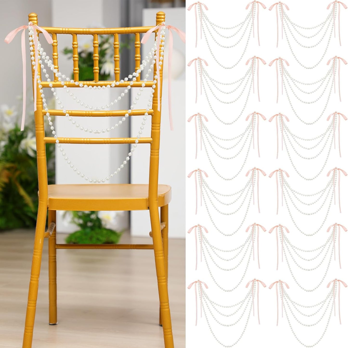 Wedding Pearl Bow Chair Decor Satin Ribbon Bows with Pearl Beaded String Garland Aisle Chair Sashes Decorations for Ceremony Coquette Party Banquet Decor