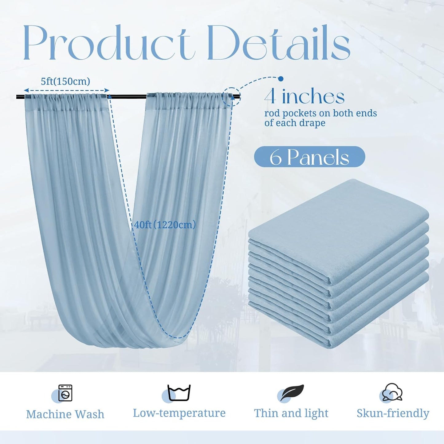 6 Panels Dusty Blue Ceiling Drapes for Wedding, 5ftx40ft Ceiling Drapes Cheesecloth Sheer Fabric Curtain Wedding Arch Draping Fabric Romantic Ceilings Decorations for Weddings Party Ceremony Stage