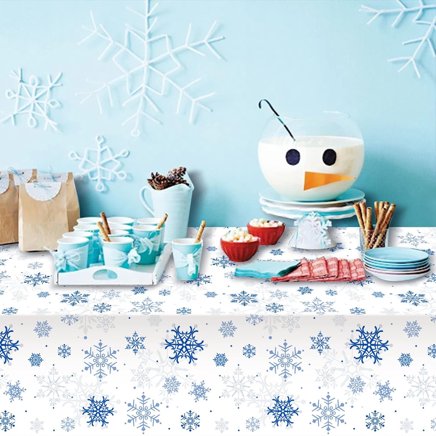 12 Pieces Snowflake Christmas Party Tablecloth Decorations,Plastic White Snowflake White Blue Xmas Backdrop Sign Table Cover Banner for Winter Christmas Holiday Party Supplies,54x108 inch（White/Blue）