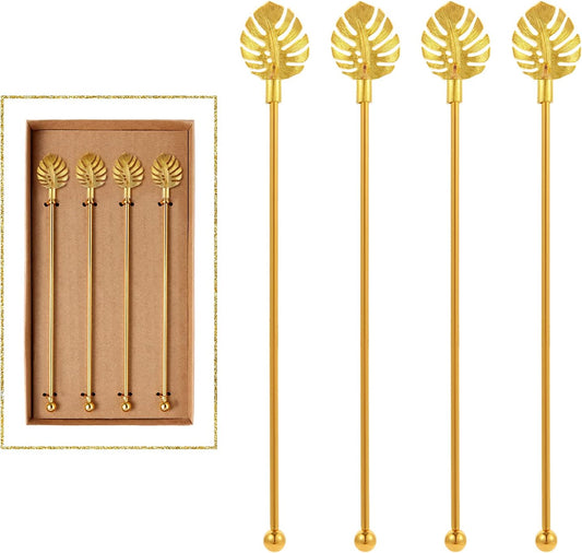 Stainless Steel Coffee Beverage Stirrers Stir Cocktail Drink Swizzle Stick with Palm leaf Metal Top,4PCS GOLD stirrer