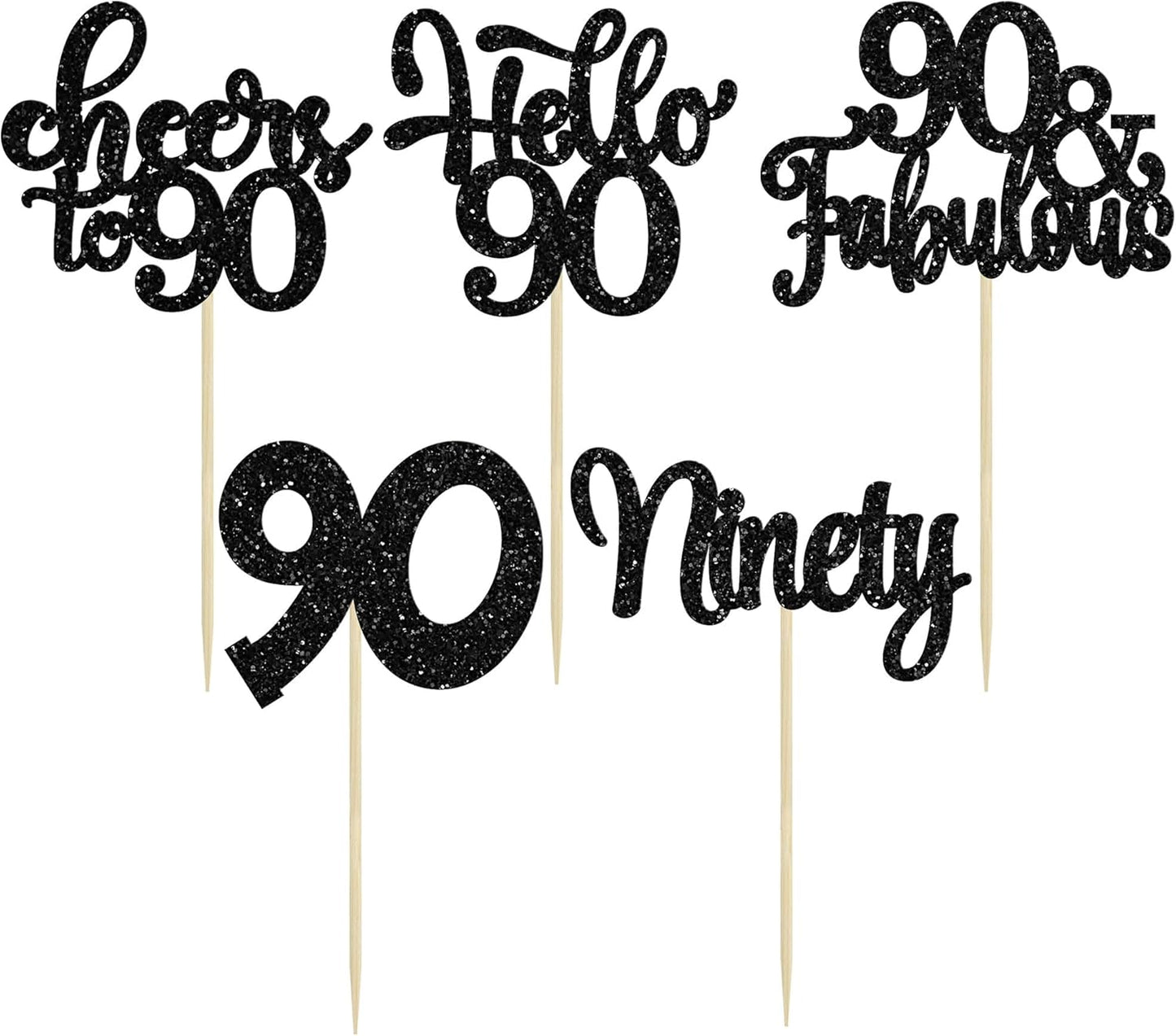 Gyufise 30Pcs Happy 90th Birthday Cupcake Toppers Black Glitter Ninety Cheers to 90 Years Old Birthday Cupcake Picks for Happy 90th Birthday Anniversary Party Cake Decorations