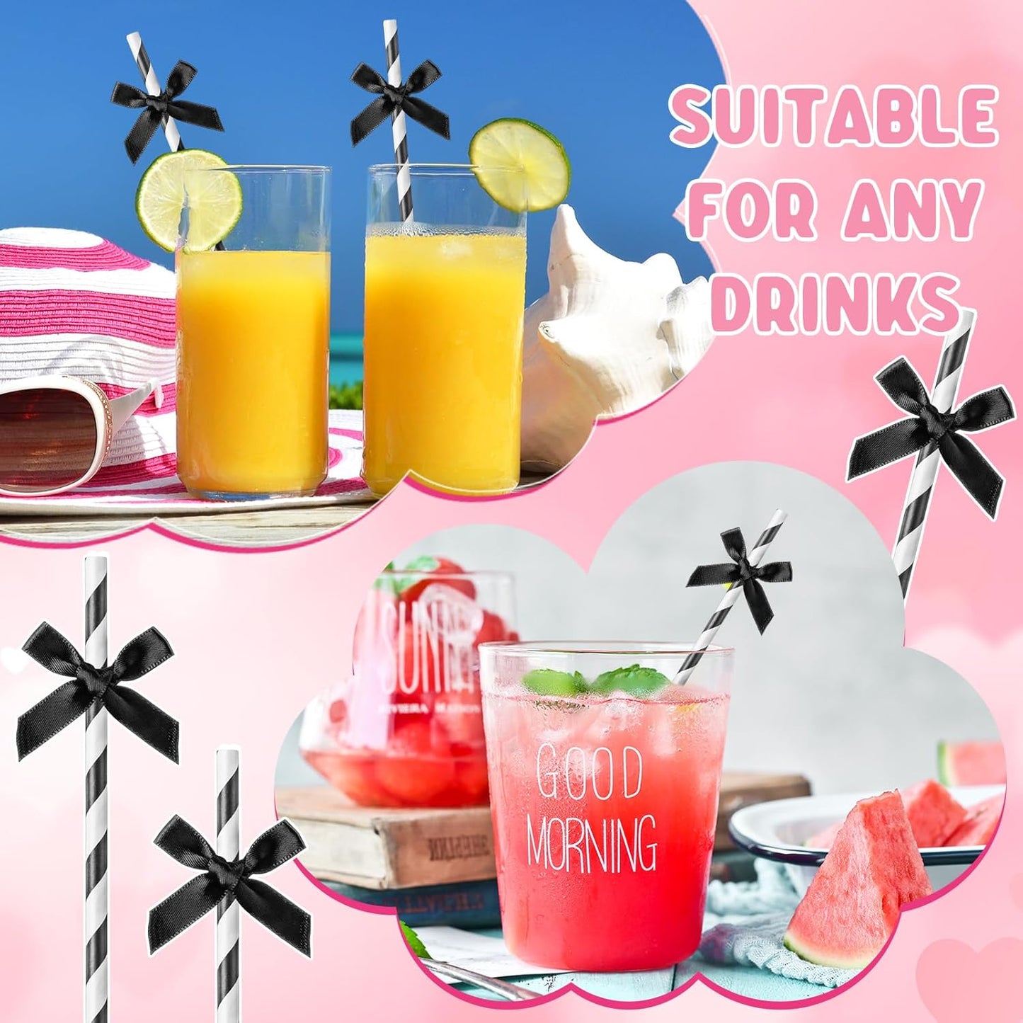 100 Pcs Black Bow Paper Straws for Drinking, Black and White Disposable Striped Paper Straw Bulk Birthday Party Supplies for Wedding Bachelorette Halloween Bridal Shower Party Decorations