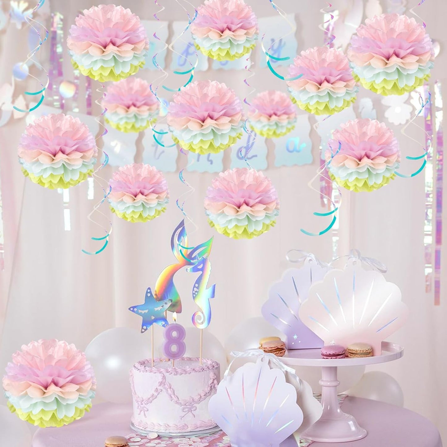Pastel Paper Pom Poms Hanging Tissue Paper Flowers Pastel Birthday Party Decorations Tissue Flowers for Girl's Baby Shower Easter Mermaids Unicorn Themed Birthday