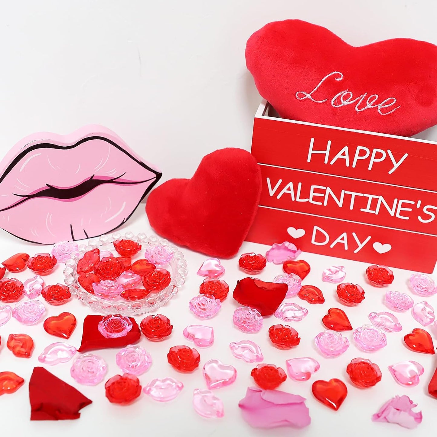 Fangoo 180PCS Red Pink Acrylic Heart Ornaments Mini Acrylic Heart Rose Flower Lips Gems for Valentine Vase Filler Decor for Table Scatter Engagement Valentine's Day Wedding Anniversary Party