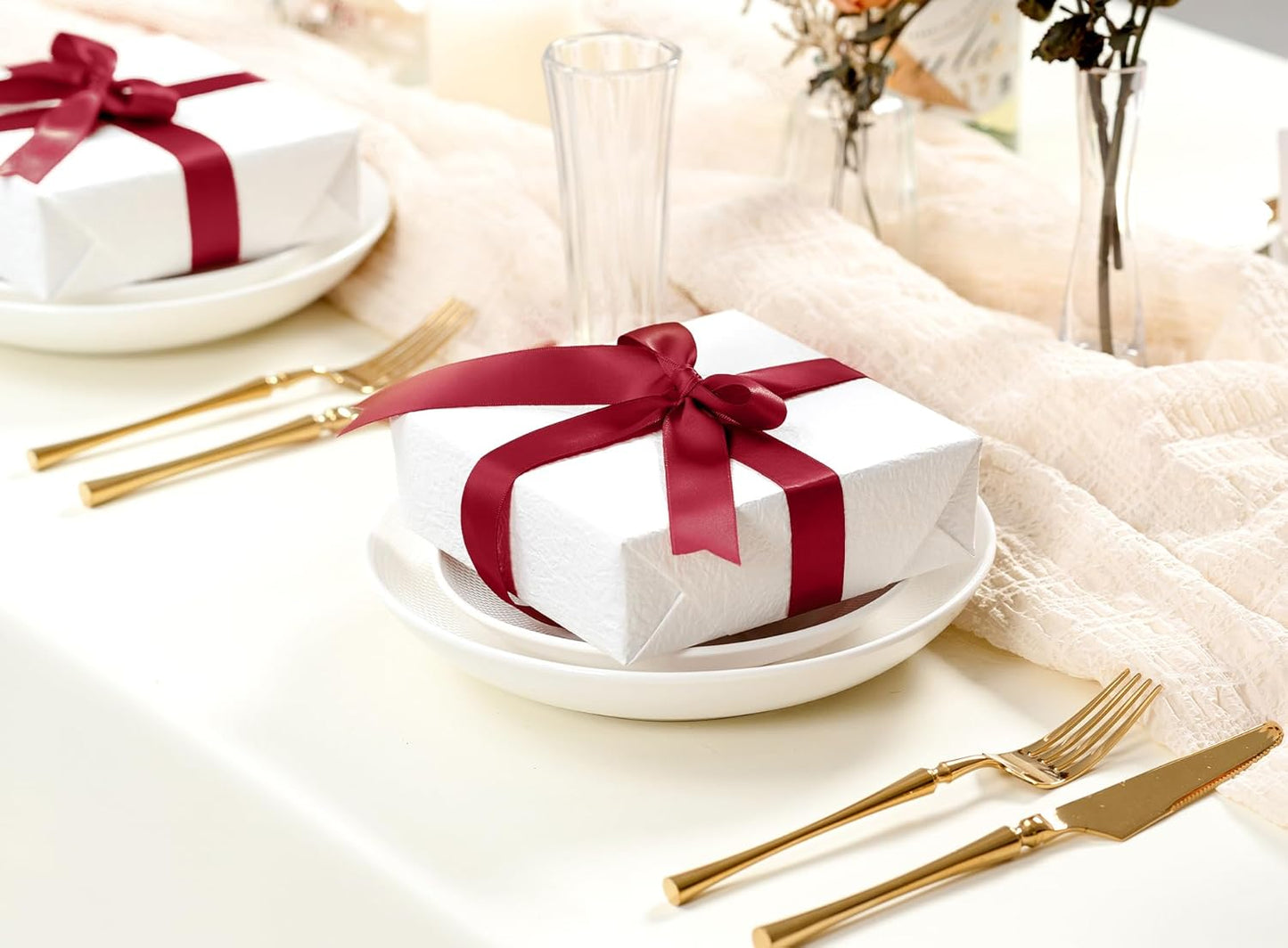 Burgundy Satin Ribbon 7/8 Inch x 50 Yards Double-Faced Ribbons for Christmas Gift Wrapping Flower Bouquet Wedding Paper Bows Invitations Crafts