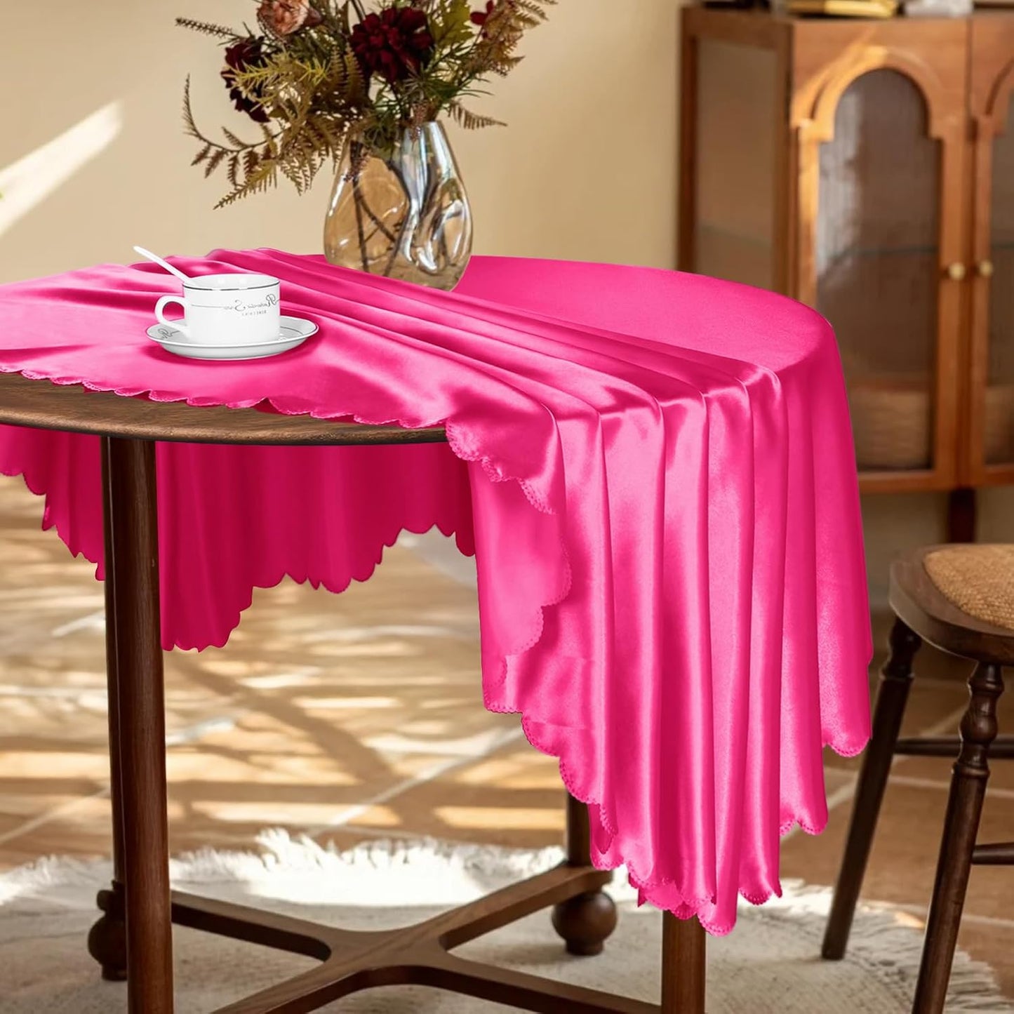 KKJIAF 1 Pack 108 Inch Round Table Cloth, Hot Pink Overlay Round Satin Table Cover, Silky Satin Dining Tablecloths for Wedding Buffet Parties Banquet Decoration