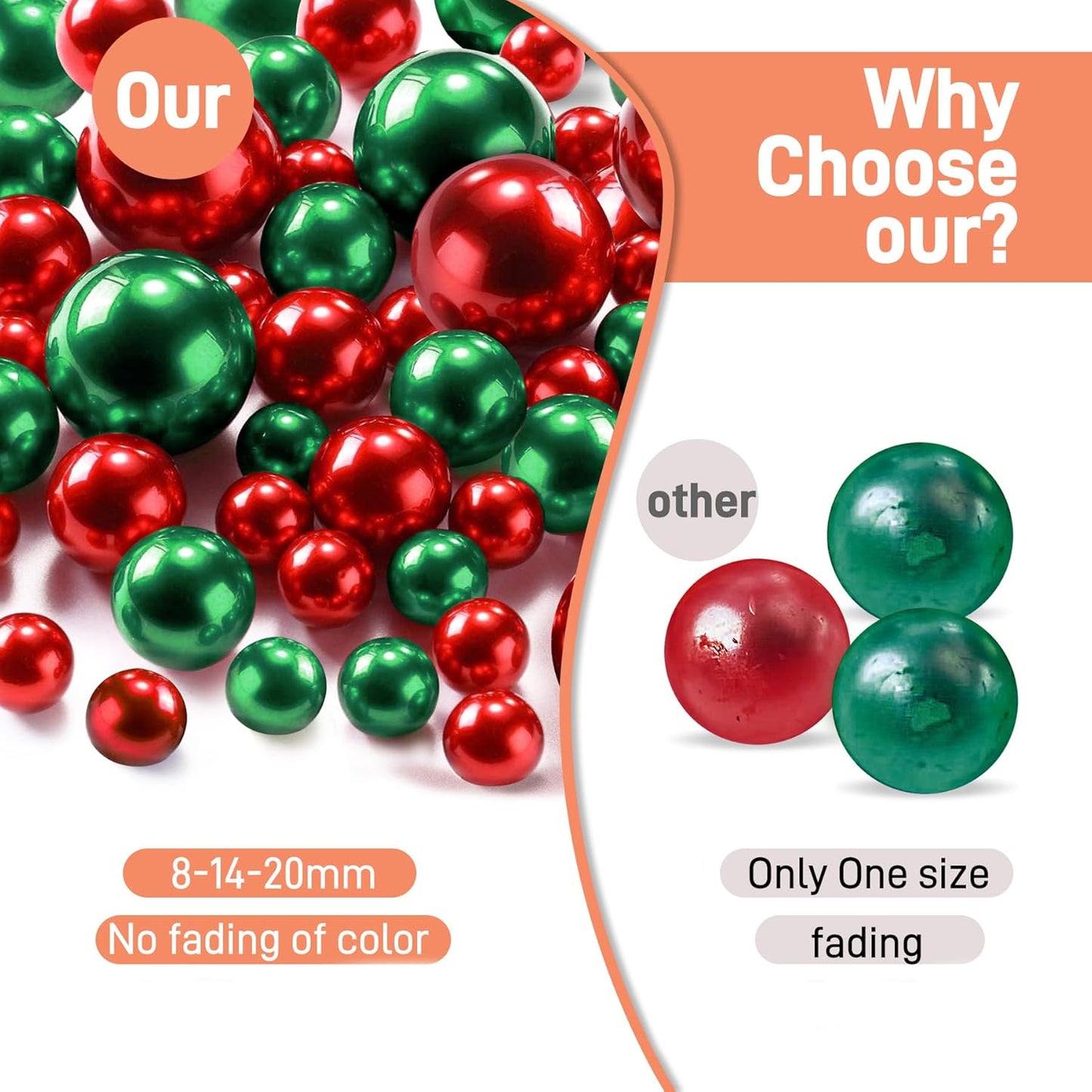 120 PCS 8/14/20mm No Hole Polish Pearl Beads for Centerpiece, Red&Green Beads Decorative Vase Fillers, Plastics Pearls for Vases, Table Scatters, Wedding Party Decor