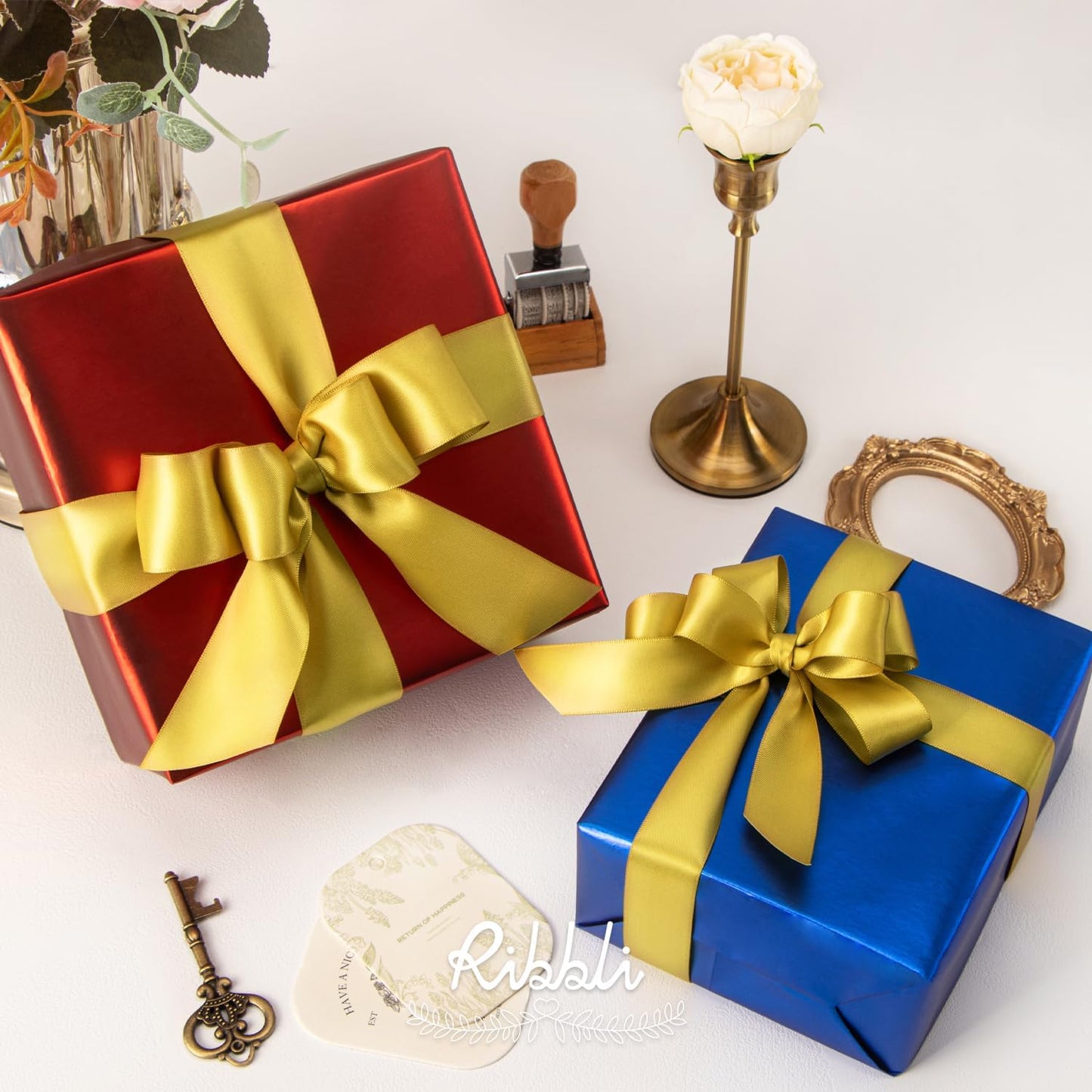 Ribbli Gold Double Faced Satin Ribbon,1” x Continuous 25 Yards,Use for Bows Bouquet,Gift Wrapping,Wedding Decoration