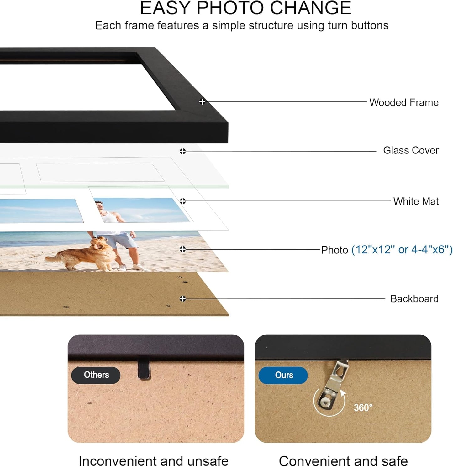 12x12 Picture Frame Set of 2, Black Wood Frame with Glass Collage Frame, Display Pictures 4-4x6 With Mat or 12 x 12 Without Mat, Square Photo Frames Collage for Wall Hanging or Tabletop