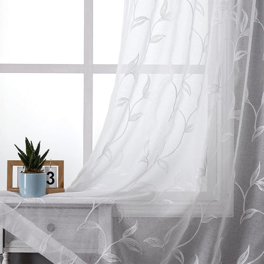 VISIONTEX Sheer Curtains 120 inch Length 2 Panels Set, White Voile Crushed Vine Leaves Embroidery, Rod Pocket Embroidered Window Drapes for Living Room and Bedroom, 54" x 120"