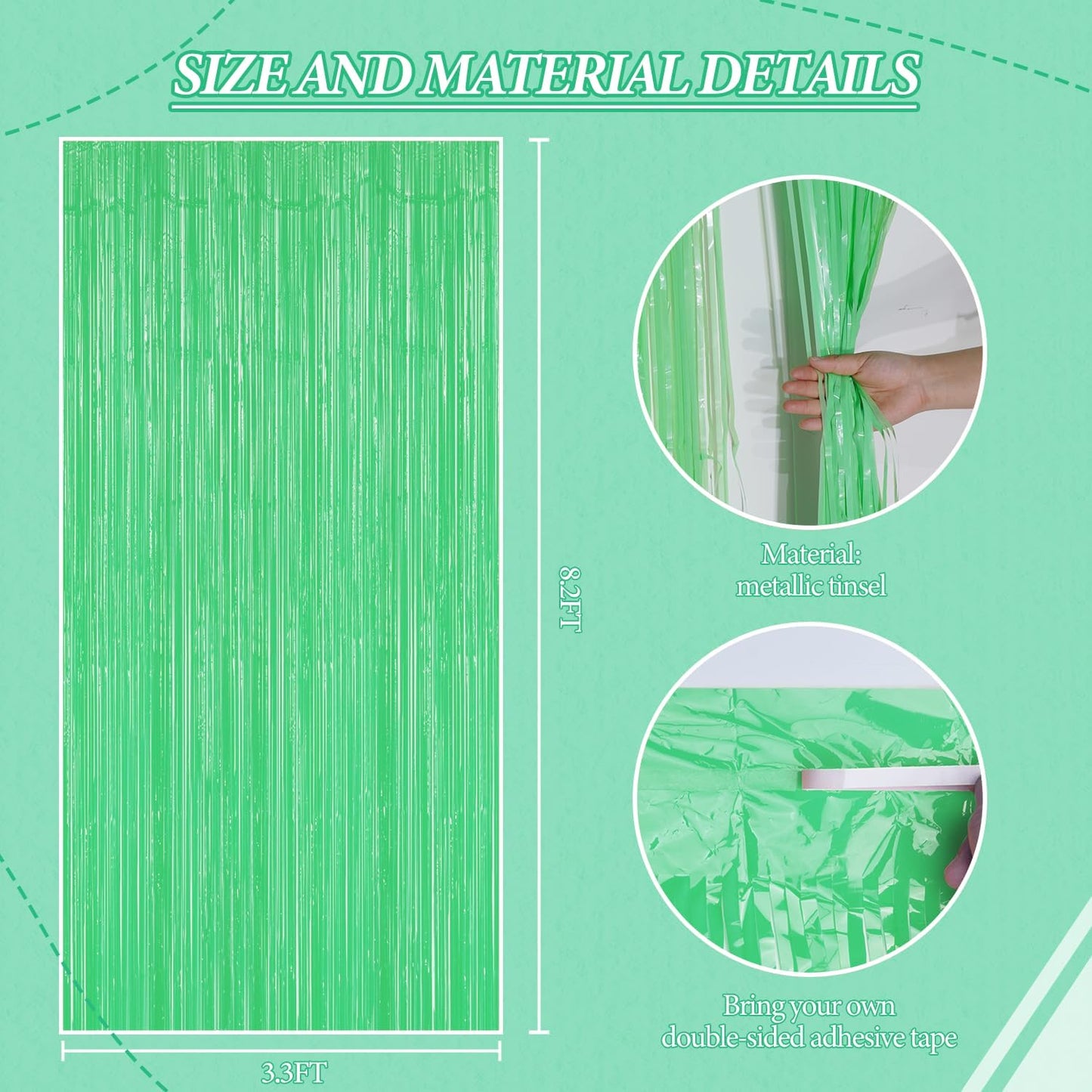 3 Pack Foil Fringe Backdrop - Pastel Light Green Shiny Tinsel Curtains for Party Decoration/Photo Booth Props - 3.3x8.2 FT Metallic Foil Backdrop for Birthday, Wedding, Graduation, Christmas