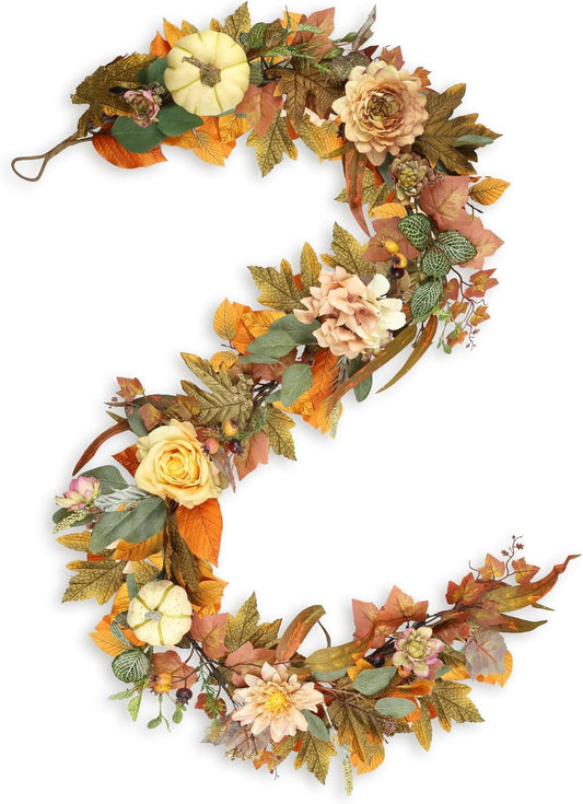 Fall Garland, 6 FT Pumpkin Garlands, Fall Leaves Garland for Table Centerpiece Door Window Fireplace Home Indoor Outdoor Fall Decorations