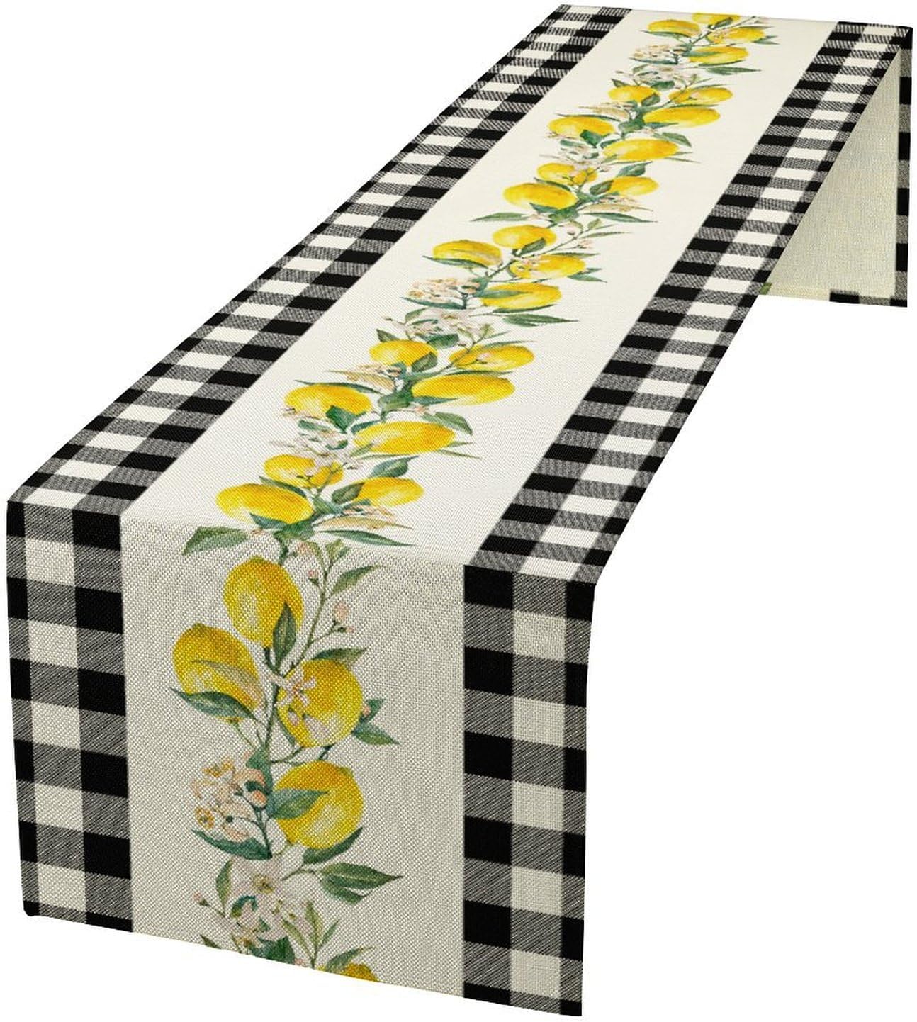 Lemon Table Runner,Black Buffalo Plaid Lemon Table Runner Farmhouse Style Spring Summer Home Kitchen Dinding Room Table Decoration 13x72 Inch