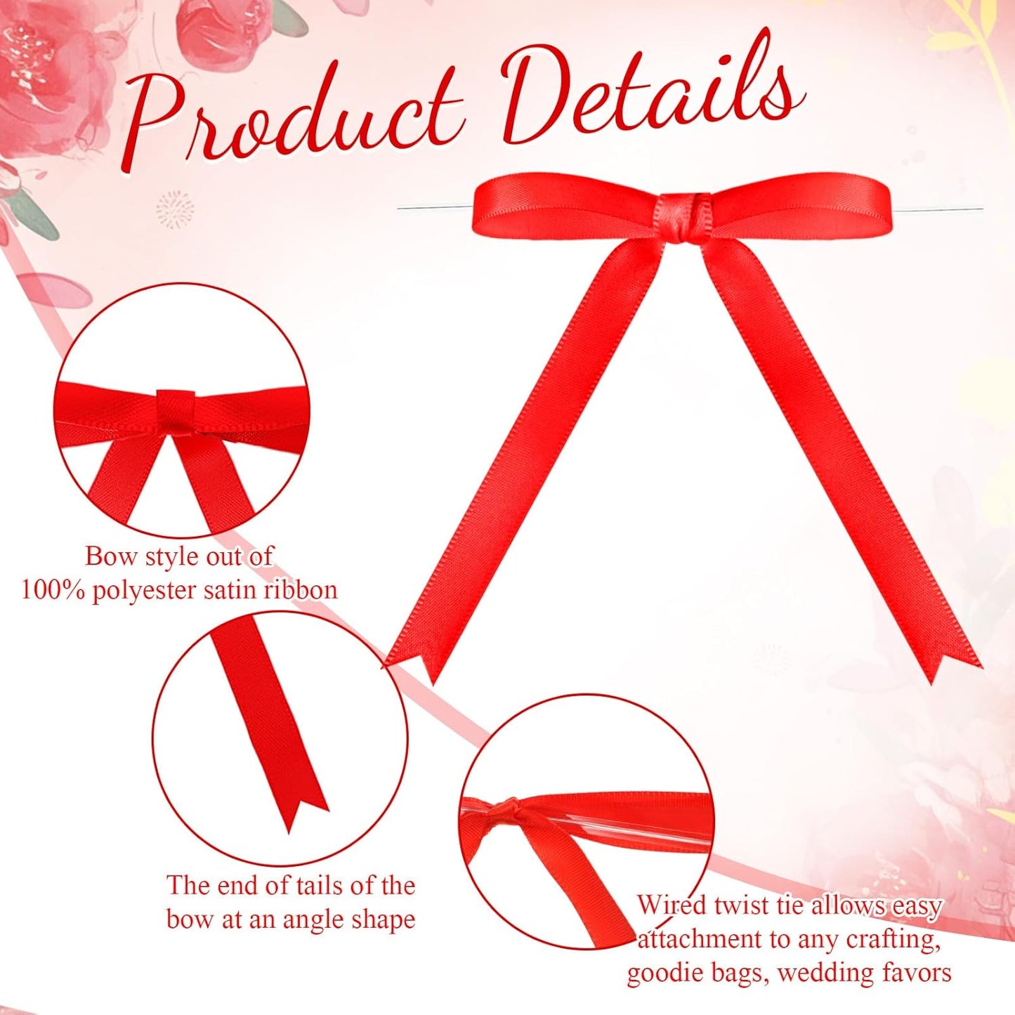 Riceshoot 50 Pcs Twist Tie Bows for Cake 3x4.5 Inch Satin Ribbon Bows for Gift Wrapping Treat Bags Craft DIY Wedding Baby Shower Birthday Party(Red)