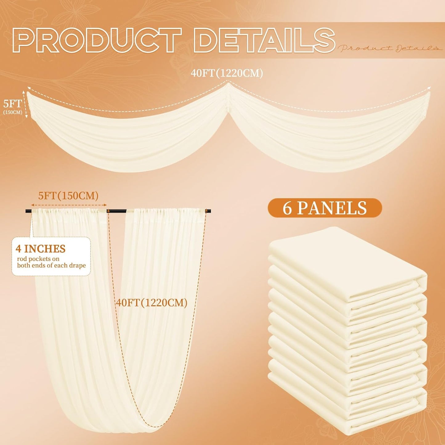 6 Panels Ivory Ceiling Drapes for Wedding 5ftx40ft Ceiling-Drapes Wedding Arch Draping Fabric Cheesecloth Sheer Curtain Romantic Decorations for Party Banquet Ceremony Stage