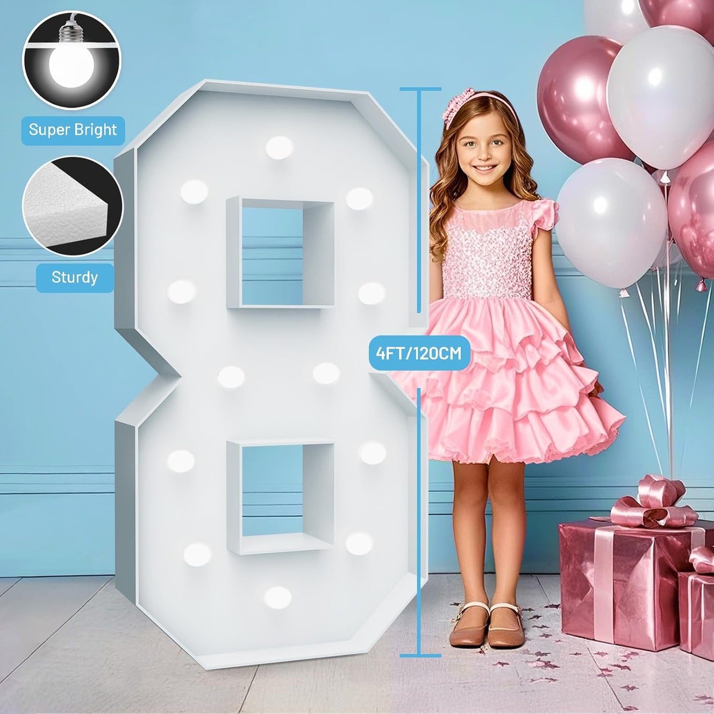 4FT Marquee Light Up Numbers - Cool White Light Up Numbers 8 with Fixed Water Bag, Party Decoration Large Marquee Light Up Numbers can Be Used for Wedding Decoration, Birthday Party Decoration