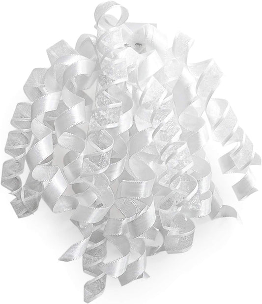 CT CRAFT LLC White Satin and Sheer Curly Ribbon Bow 6" Long x 6 Counts Gift Wrapping Pre-Tied Self-Adhesive Tab for Birthday Present Box Wine Bottle Baby Shower Party Christmas Hanukah
