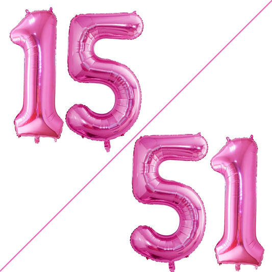 GOER Number 15 Balloons for 15th Birthday Sweet 15 Party Decorations,42 Inch Jumbo Foil Helium 51 Balloons for 51st Birthday Party Decoration (Hot Pink)