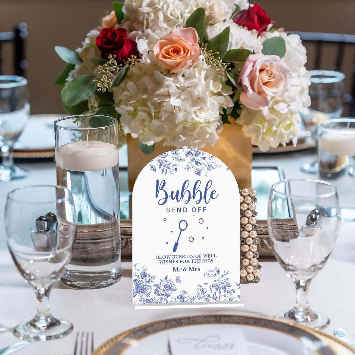 Acrylic Wedding Signs, Dusty Blue Wedding Decor, Blue Weddings Decor, Bubble Send Off Signs for Reception, Modern Calligraphy Arch Acrylic Table Top Sign for Weddings Parties Dinners (White)
