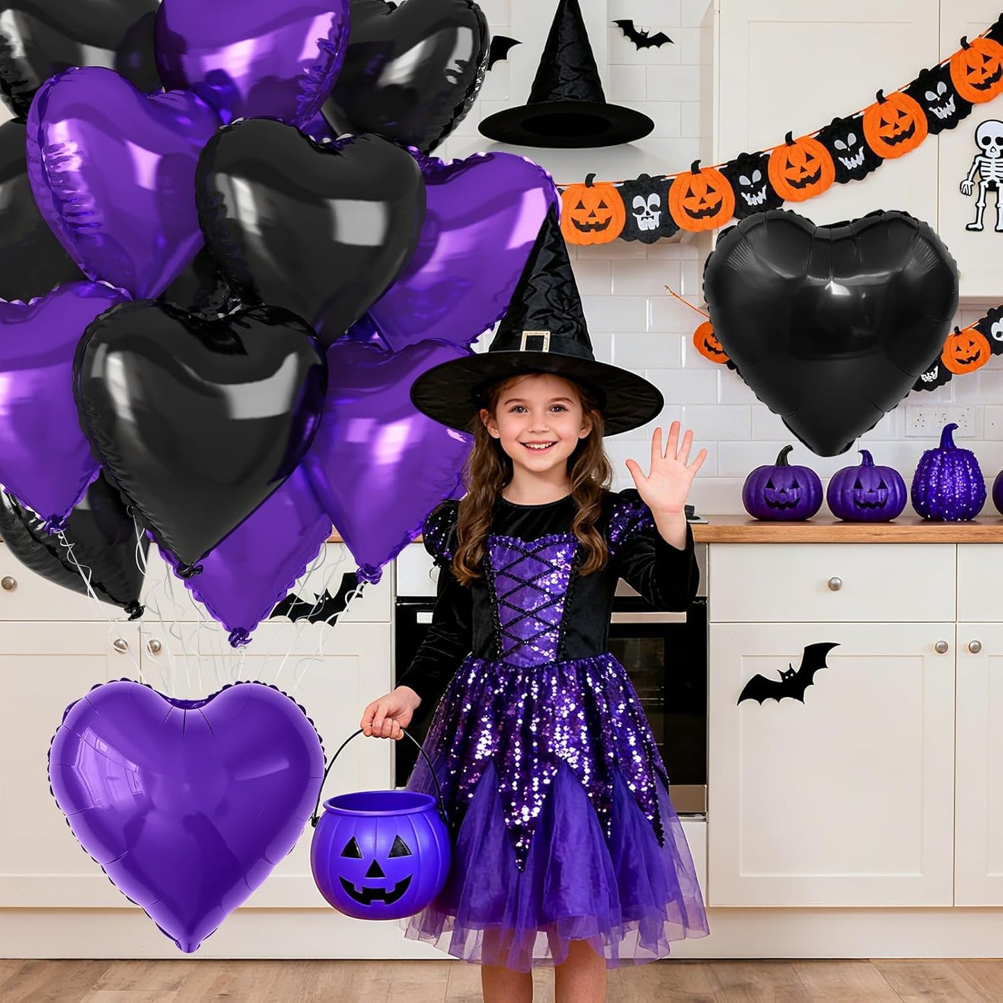 Purple Black Heart Balloons, 18 Inch Purple and Black Heart Foil Shape Balloon, 12PCS Large Love Helium Romantic Balloons for Halloween Birthday Bridal Shower Wedding Anniversary Party Supplies
