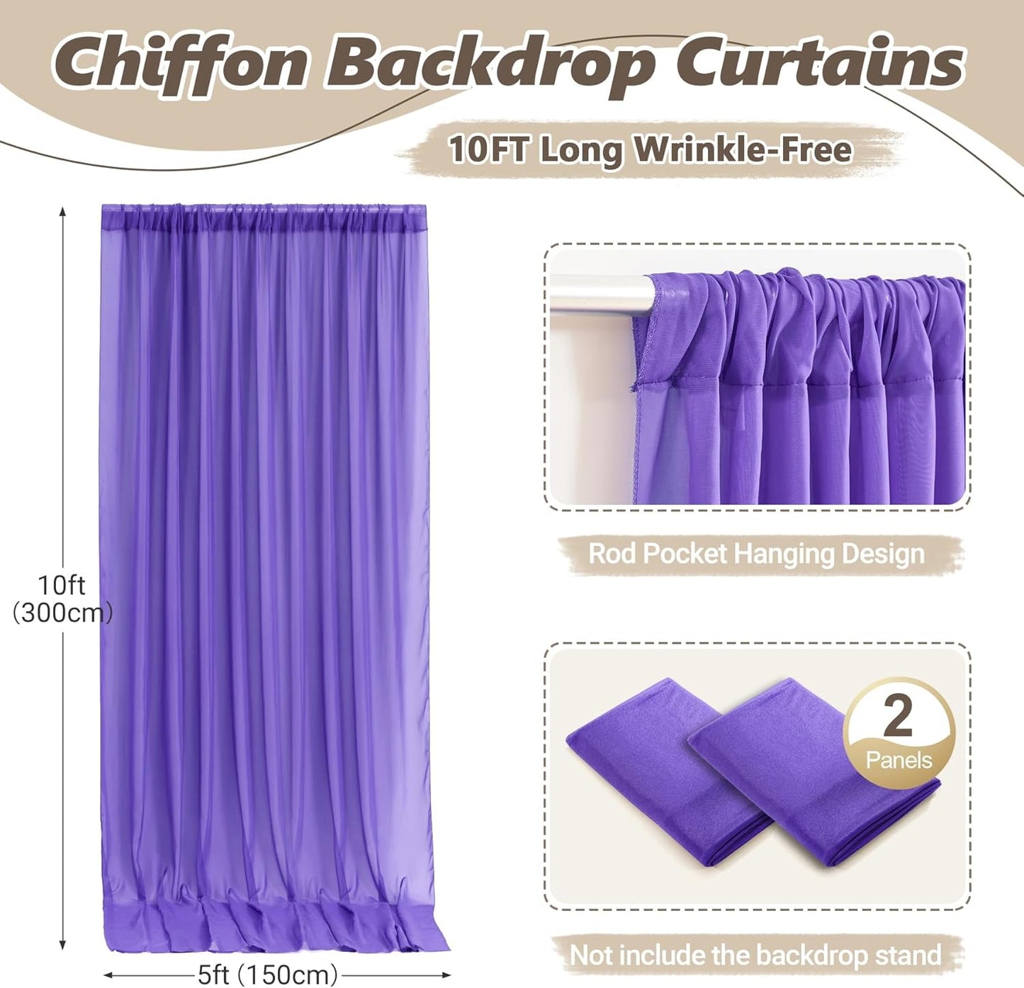 10ft x 10ft Purple Backdrop Curtains, Wrinkle-Free Sheer Chiffon Fabric Photo Backdrop Drapes for Wedding Arch Party Ceremony Stage Photography Decorations