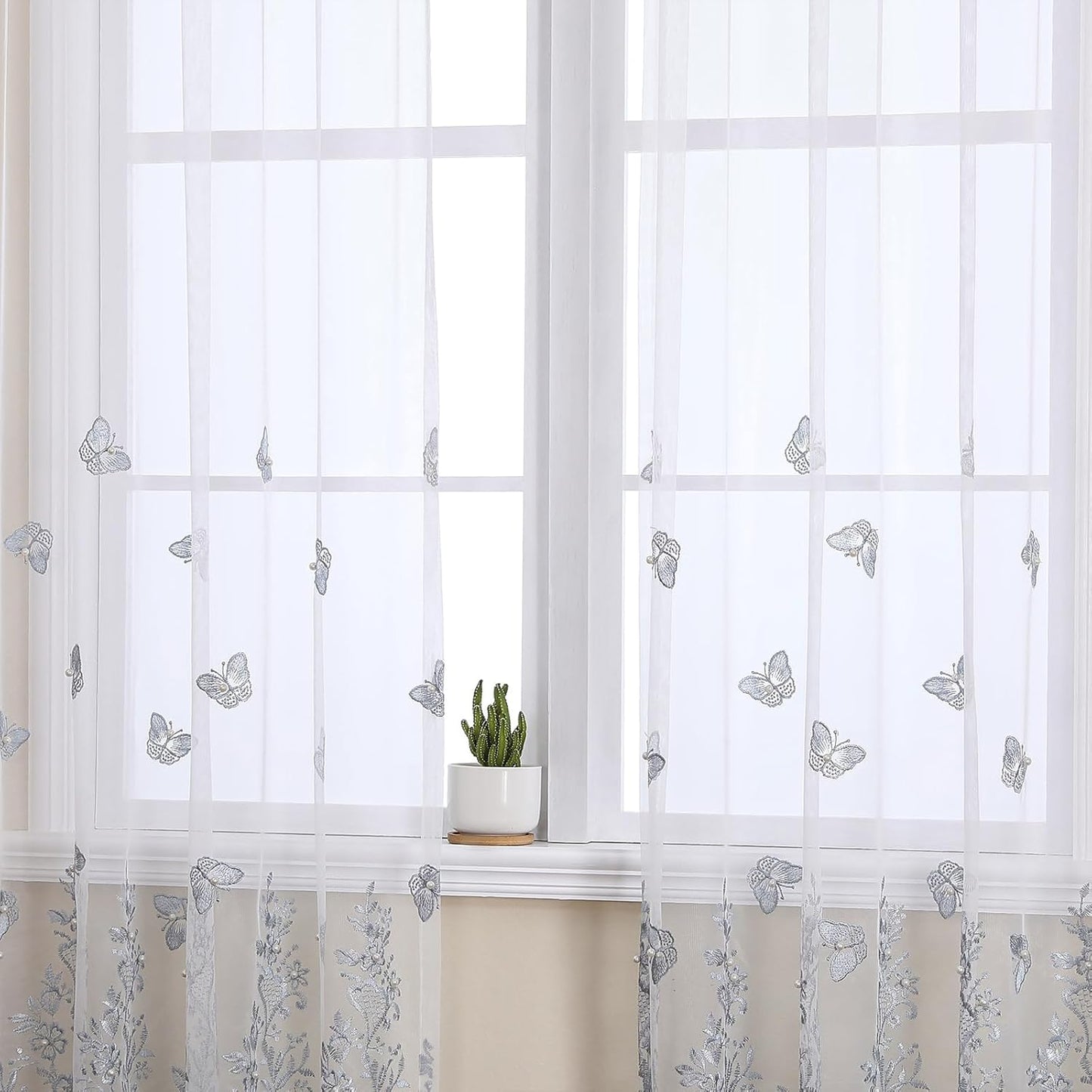 VISIONTEX White Sheer Voile Curtains, Decorative Blue Embossed Butterflies Rod Pocket Window Drapes for Home Kitchen, Living Room and Bedroom 54 x 72 Inch, Set of 2 Curtain Panels
