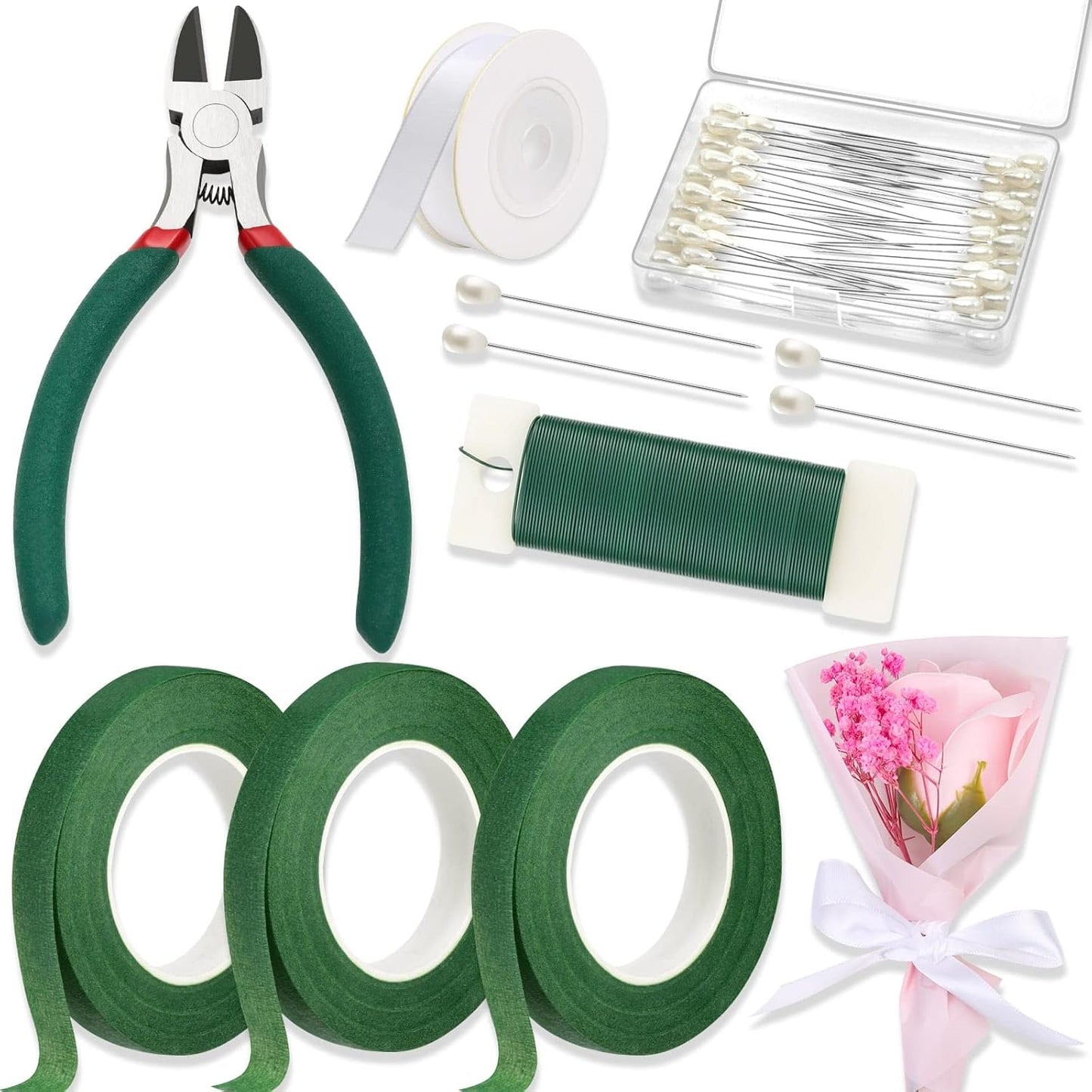 PAXCOO Floral Tape and Wire, Florist Tape and Flower Wire Arrangement Kit with White Ribbon, Boutonniere Pin, Wire Cutter for Bouquets, Crafts, Wreath Making (Dark Green)