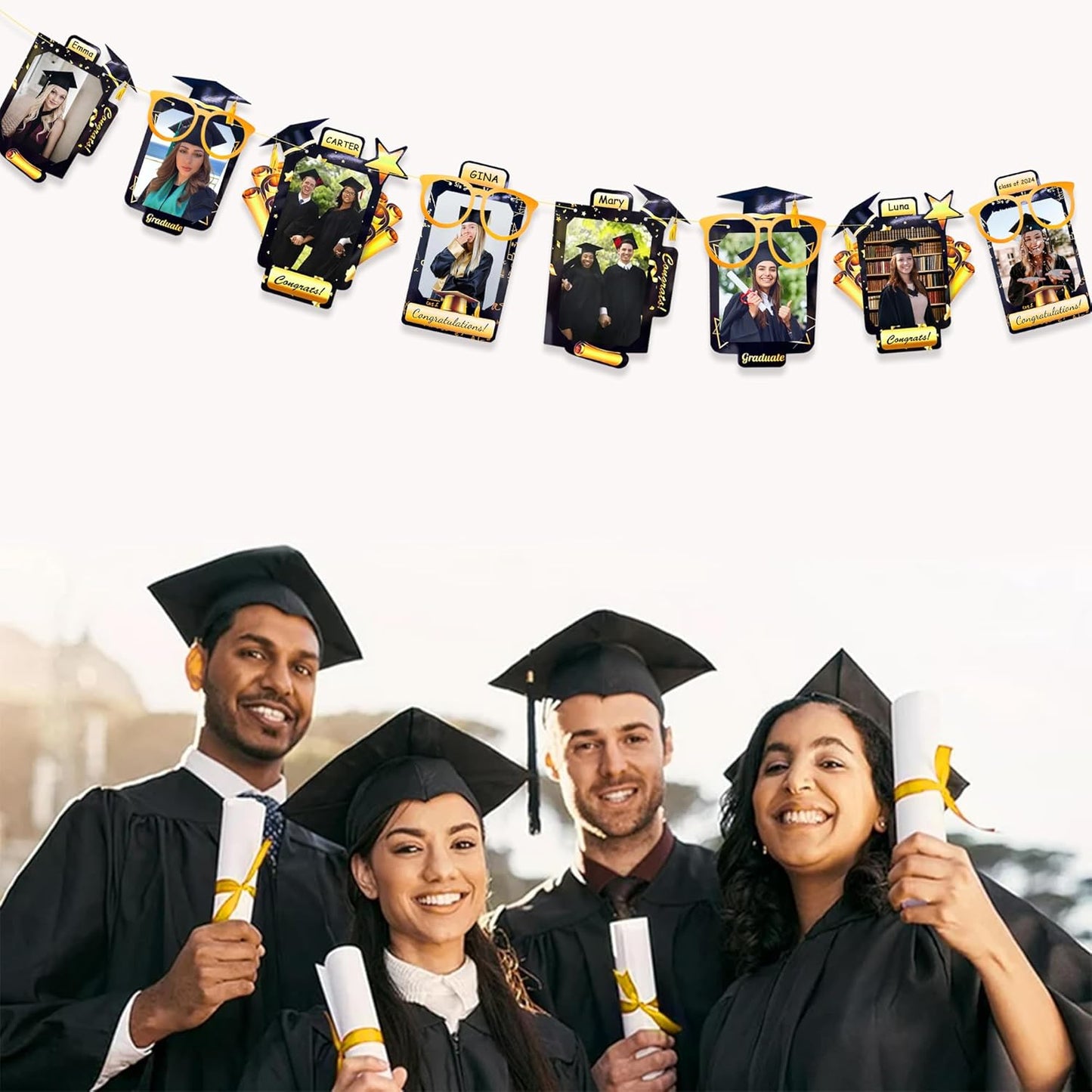 pinkblume Graduation Party Decorations Black and Gold Grad Photo Banner Congrats Grad Photograph Bunting Garland for 2025 Graduation Celebration Party Decorations Supplies