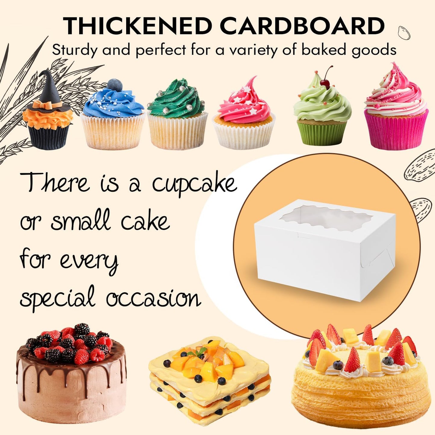 JCD 8 Packs Bento Cake and Cupcake Box 3 Holes Fit 2 Cupcakes and 1 Mini Cake Box with Clear Window and Stickers for Wedding Birthday Party Bakery Baking Supplies (1+2/8pcs)