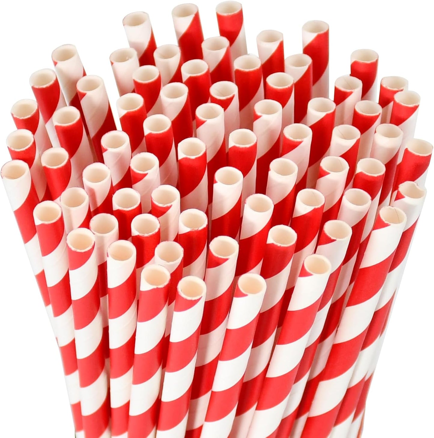 Disposable 7.75 inch Red White Striped Paper Straws Biodegradable 100 Counts - for Drinking, Cocktail, Decoration, Party, Crafts