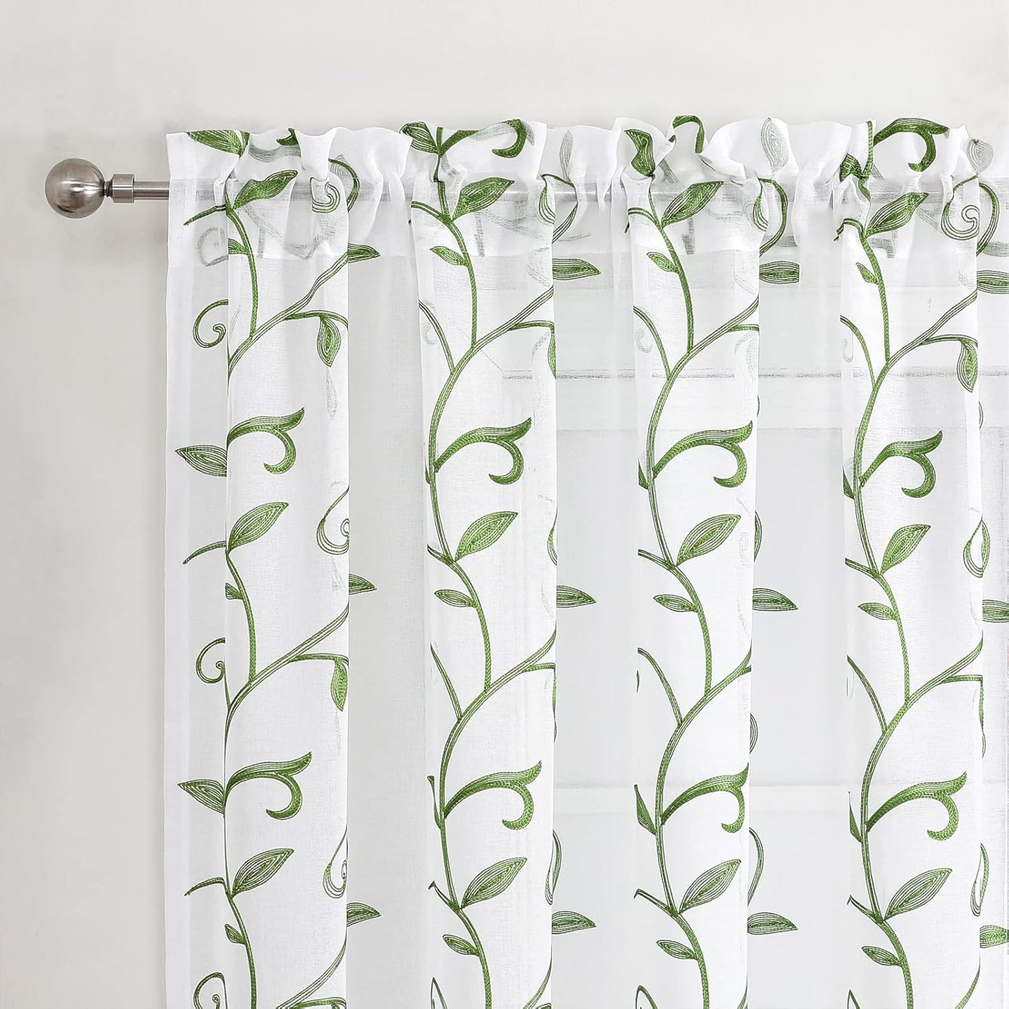 VISIONTEX Embroidered Green Sheer Voile Curtains, Leaves Embroidery Faux Linen Rod Pocket Window Drapes for Living Room and Girls Bedroom 54 x 84 Inch, Set of 2 Curtain Panels