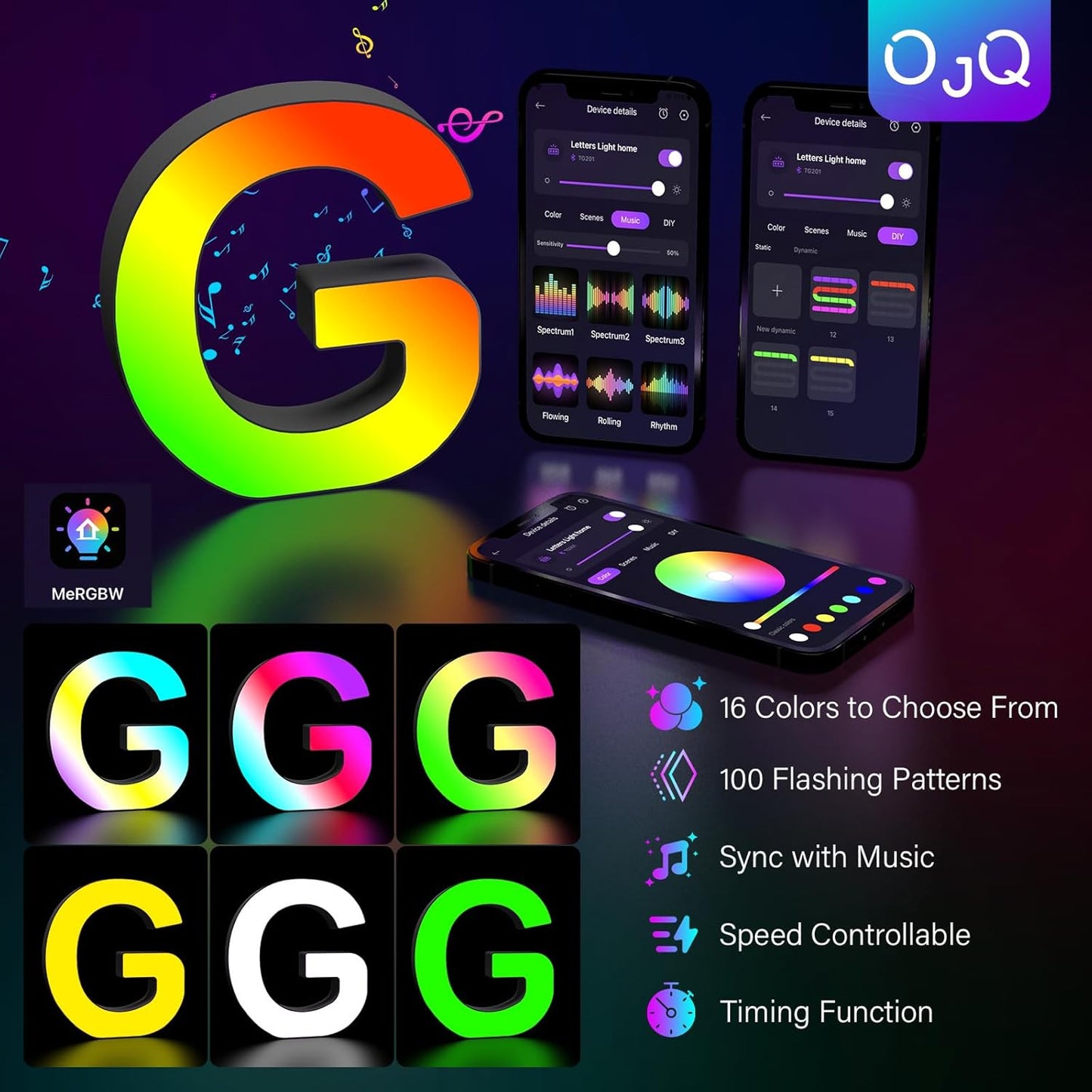 OJQ Light Up Letters LED Letter - Marquee Letters Room Decor Alphabet Letter Music Sync Color Change Colorful - Christmas Birthday Gifts for Girl - Teen Girls Gifts Party Home Wall Decor