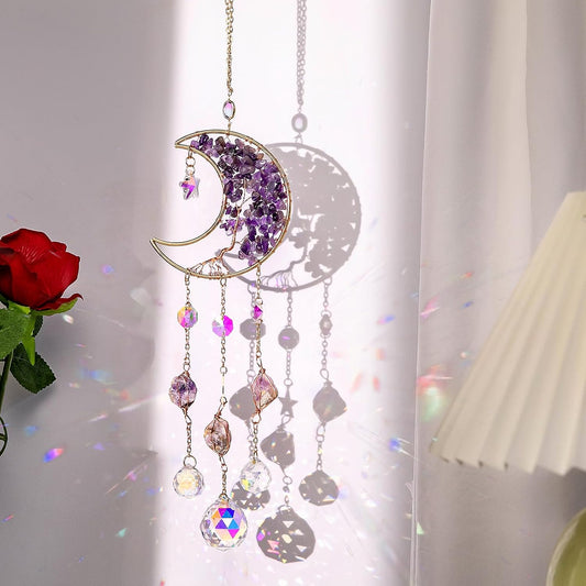 TUOKING Amethyst Crystal Moon Suncatchers for Window Hanging Tree of Life Natural Healing Stones Wind Chimes Sun Catcher Rainbow Maker Good Luck Gifts Decor for Home Garden