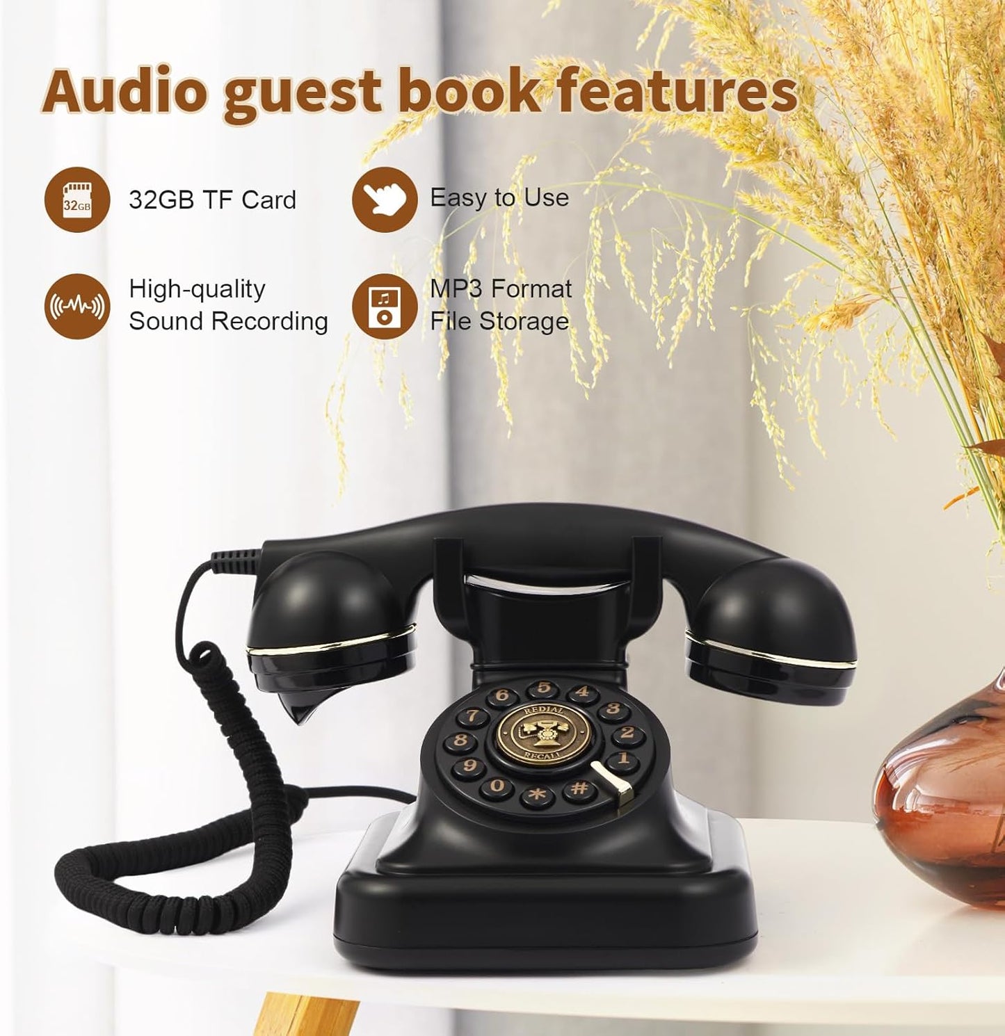 Audio Guest Book Wedding Phone, Audio Guest Book Record Customized Audio Messages Guest Book Alternatives Classic Retro Phone for Parties Birthdays Rentals Confessions Special Occasions (Black)