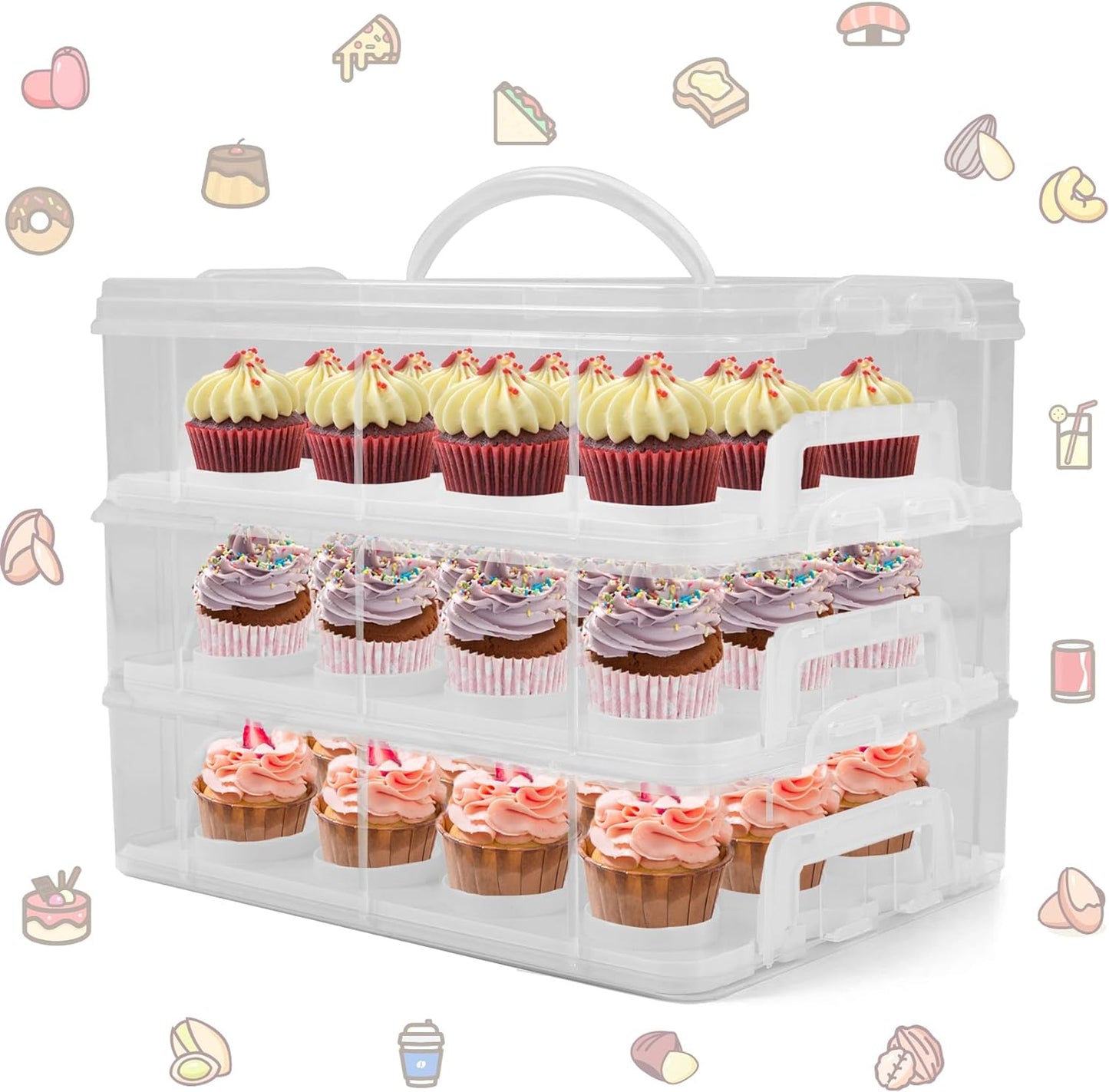 Cupcake Carrier, 3-Tiers Cupcake Containers, Holds 36 Cupcakes or 3 Large Cakes, Cupcake Holder, Cupcake Box with Lid and Handle (White, Basic)