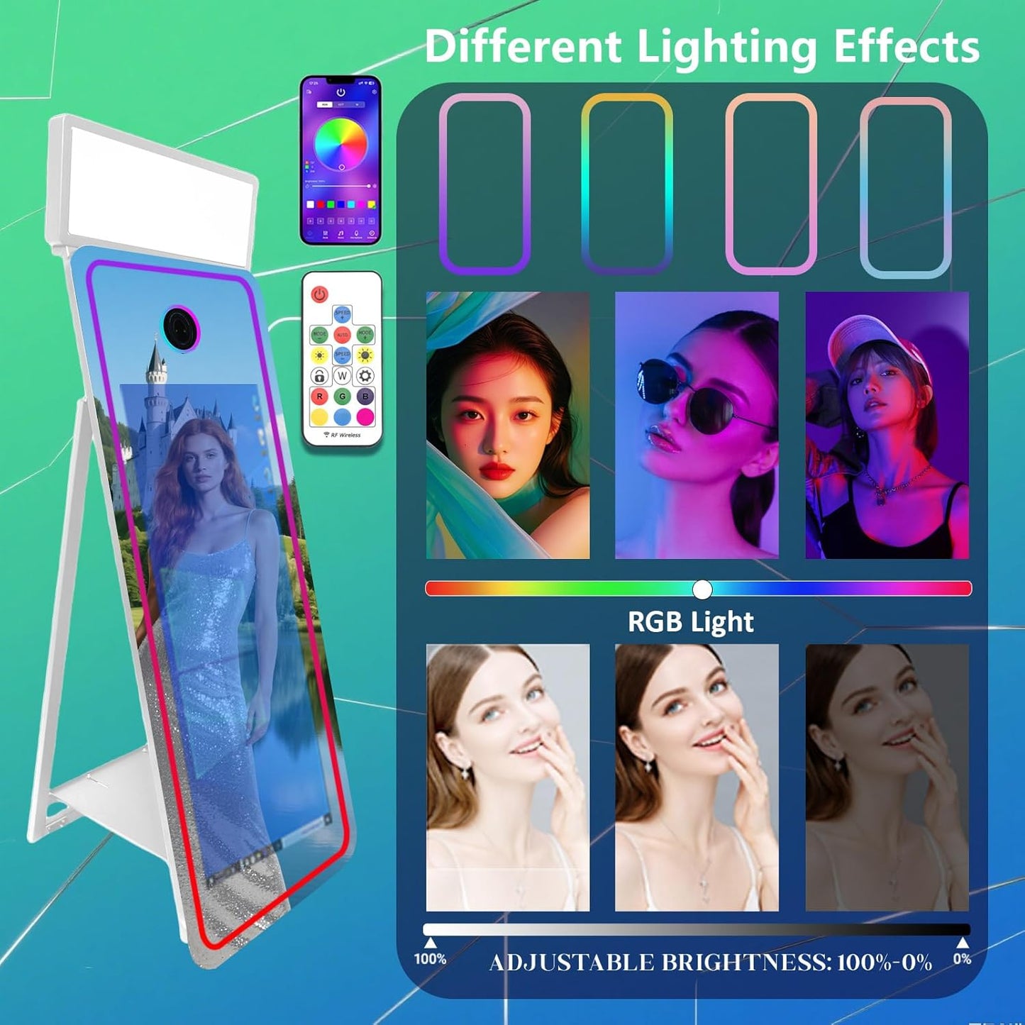 65''Magic Mirror Photo Booth Machine,Mirror Photo Booth 43''Touch Screen,Photo Booth with Flight Case,App Control,RGB Light for Wedding Party Events (White, Machine+Camera)