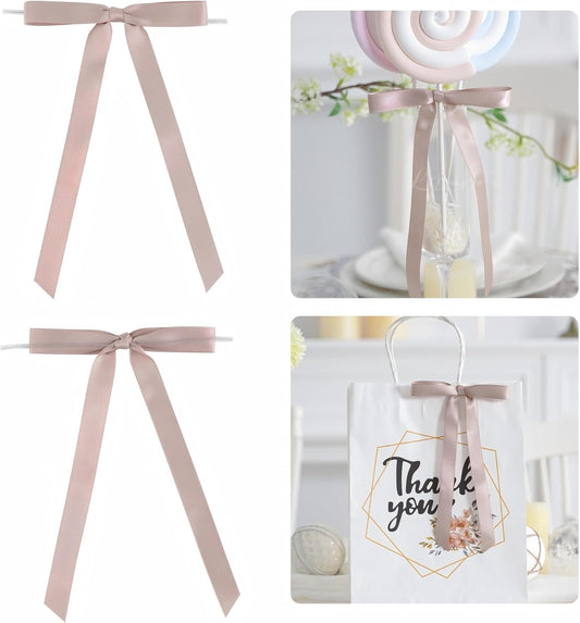 50 PCs Dusty Rose Bow 5 Inch Long Tail Bows for Gift Wrapping, Easter Bow Party Decorations, Twist Tie Bows, Satin Bows for Crafts, Premade Bows for Presents, Treat Bags, Bottles, Cakes