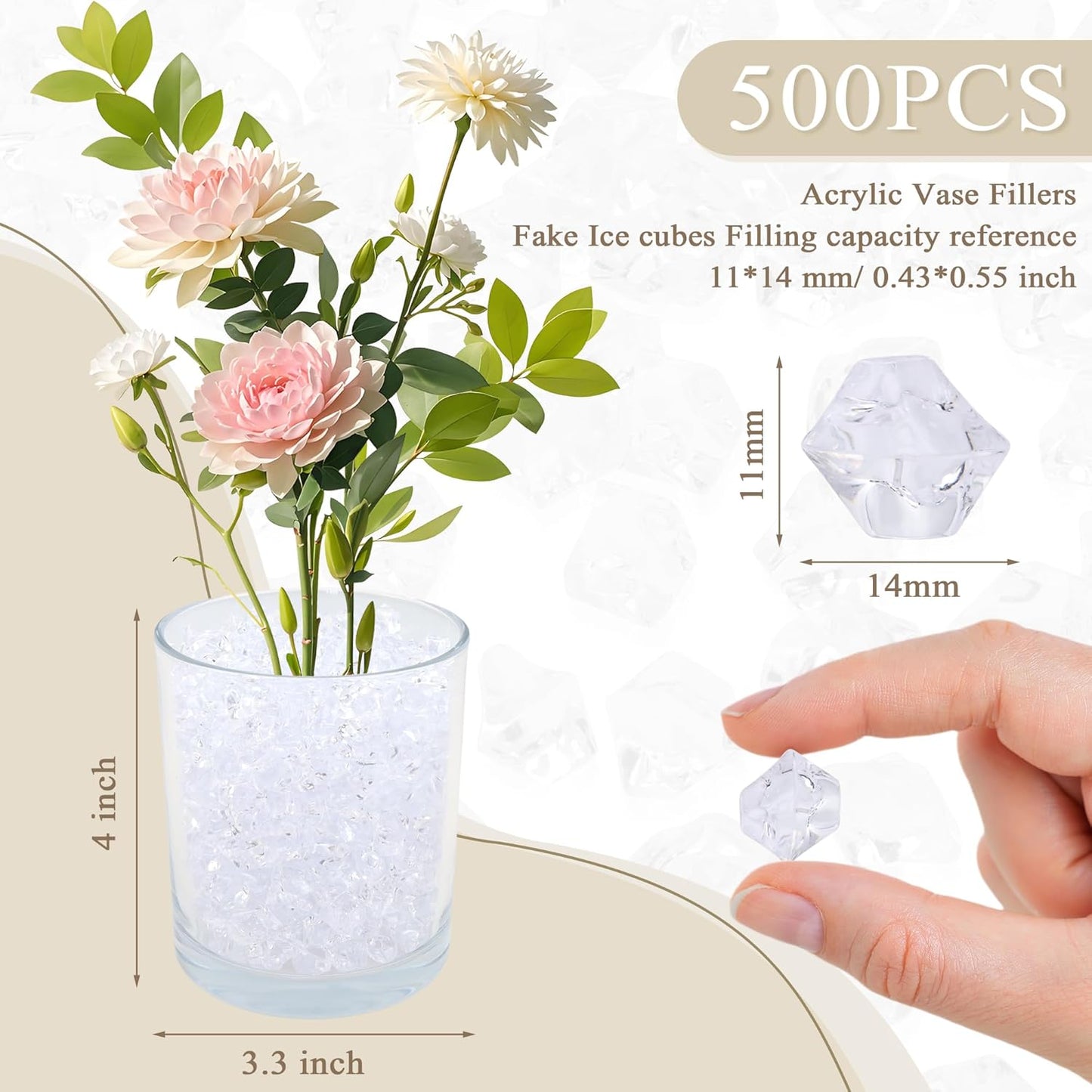 YATOJUZI 500pcs Fake Ice Cubes Christmas Vase Fillers Clear Acrylic Crushed Rocks Plastic Diamonds Gems for DIY Accessories Party Wedding Centerpiece Table Scatter Prop Display 0.5" (Only Clear)