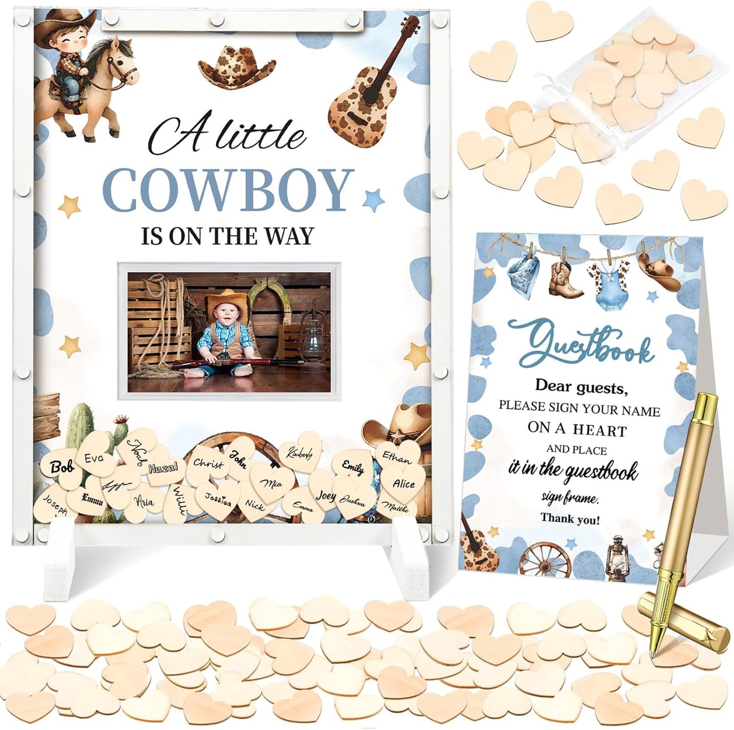 65 Pcs Cowboy Baby Shower Decorations Guest Book Alternatives a Little Cowboy is on The Way Decorations Western Baby Shower Party Supplies Sign in Guest Book with Picture Frame and 60 Wooden Chip