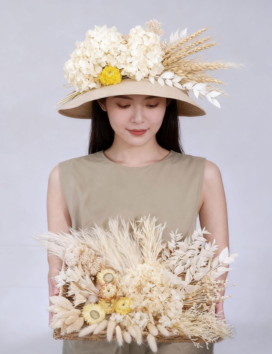 DIY Natural Dried Flower Kit Loose Dried Flowers for vases Off-White Dried Flowers with Stems Preserved Hydrangeas Mini Dried Flower Bouquets (White)