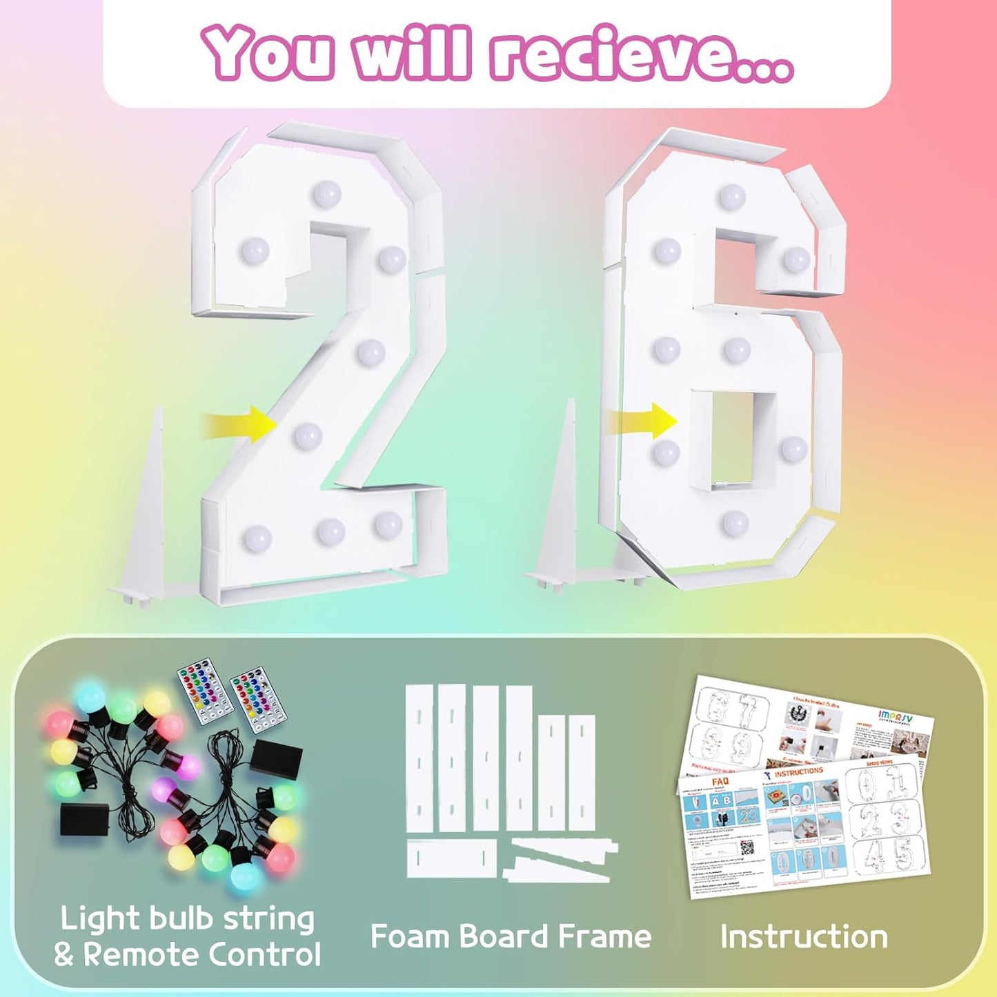 Marquee Numbers 26th-Birthday Decoration: Colorful 3FT Large Light Up 26 Year Old Birthday Decorations Anniversary Backdrop for Boys Girls Cardboard Sign 18 Colors Number 26 Mosaic Balloon Frame