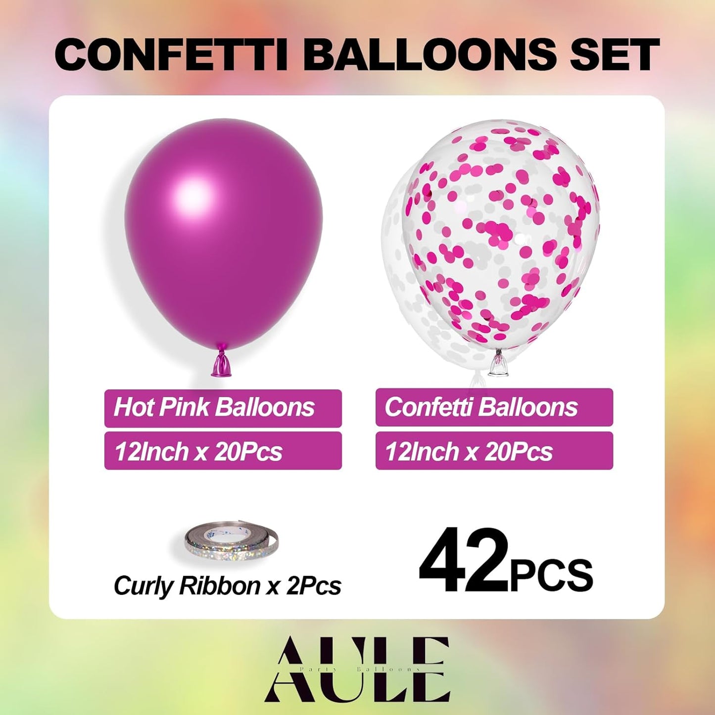 AULE Party Balloons Pack of 42 - Metallic Chrome Hot Pink Balloons and Hot Pink Confetti Latex Helium Balloons With 64ft Ribbons - 12 Inch Balloon Decoration Set