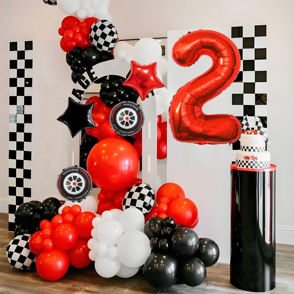 Race Car Birthday Decorations - 40 Inch Mylar Red Number 2 Balloons - Black Foil Checkered Race Car Balloons for 2st Birthday Race Cars Themed Party Decorations Supplies