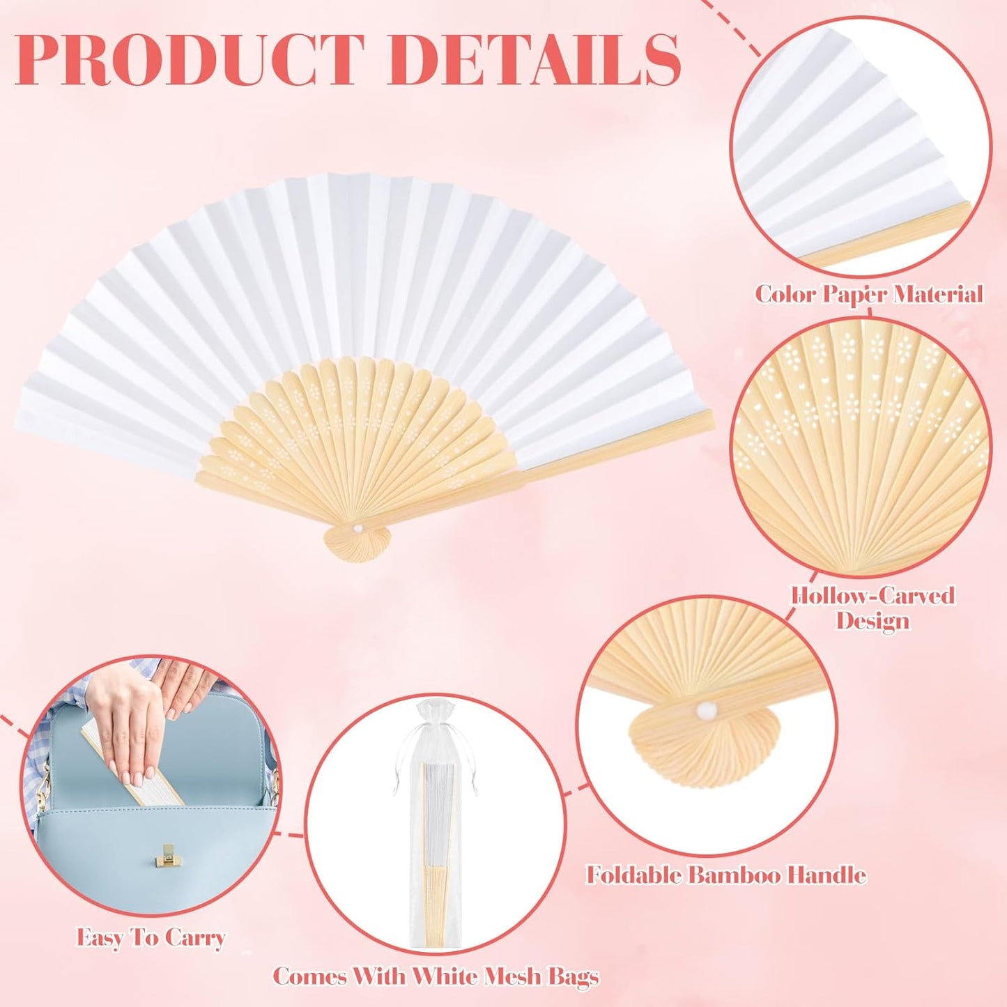 48 Pieces White Hand Held Bamboo Folding Fans Paper Fans Handheld for Women Foldable Girls Wedding Decoration Church Home Party Favors Summer